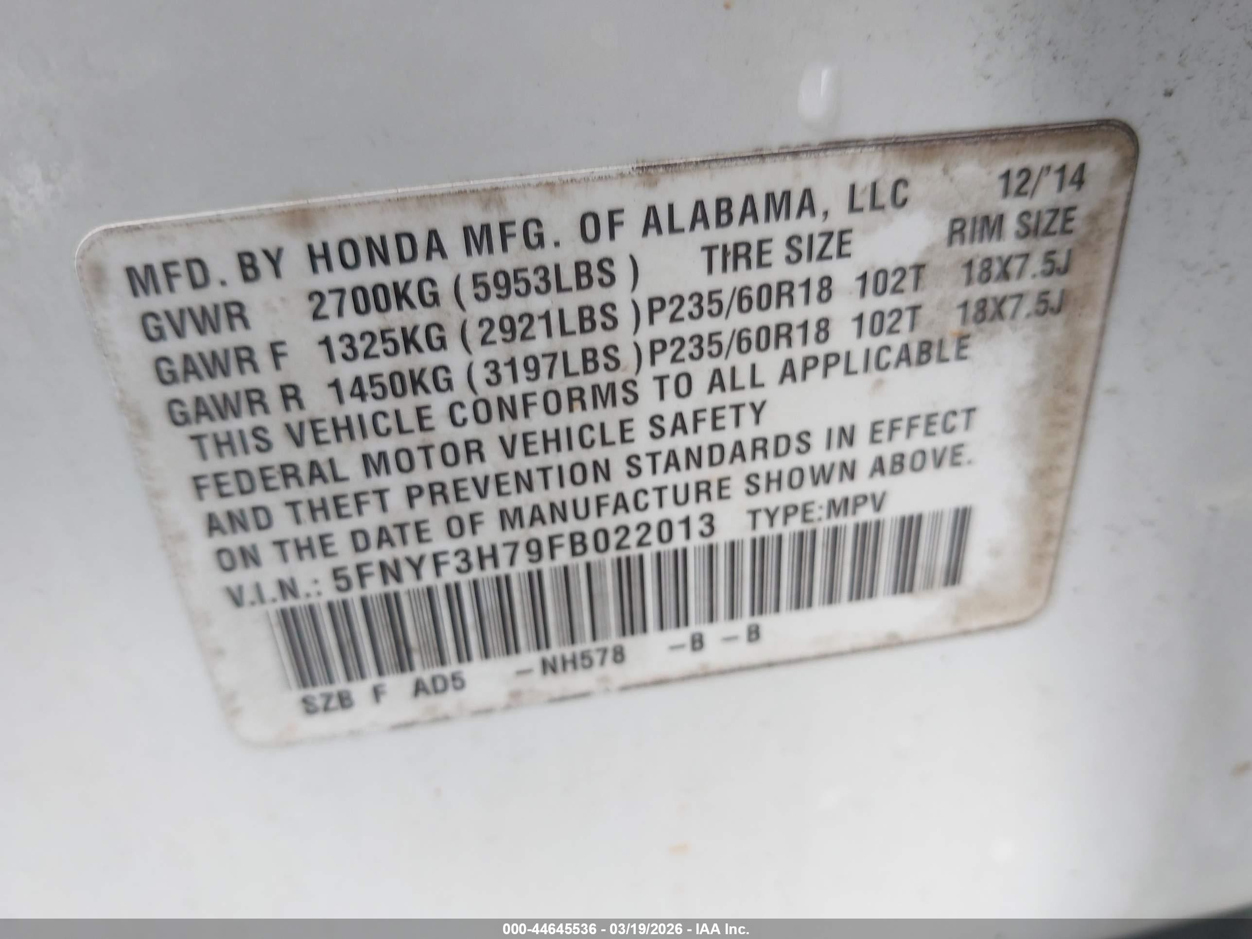 2015 Honda Pilot Ex-l White vin: 5FNYF3H79FB022013