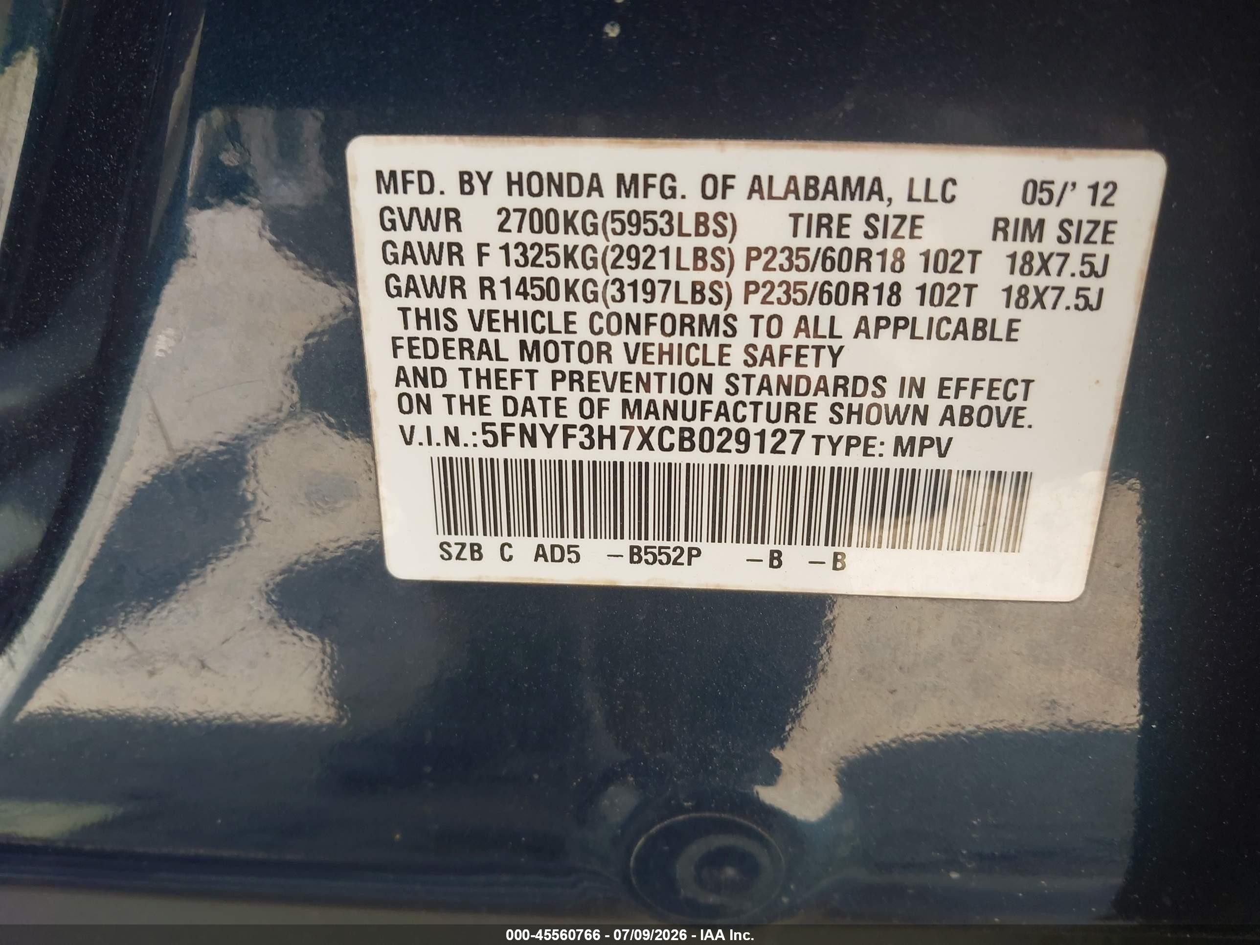 2012 Honda Pilot Ex-l Dark Blue vin: 5FNYF3H7XCB029127