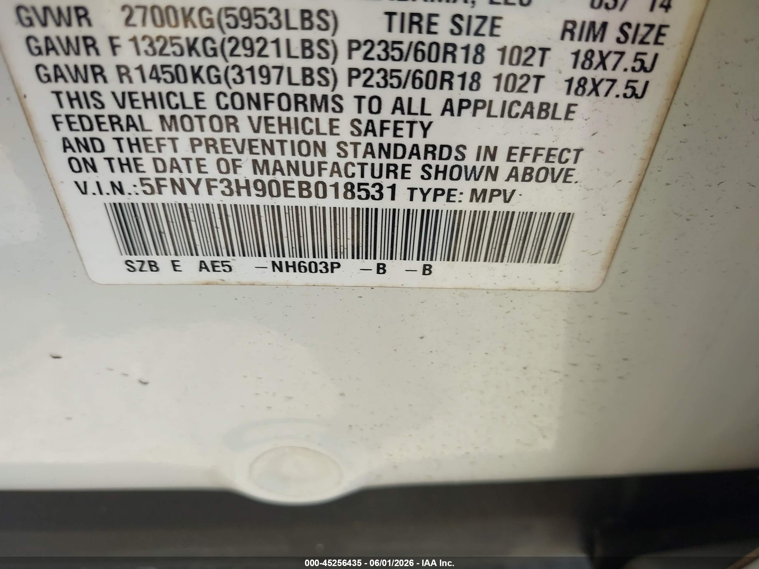 2014 Honda Pilot Touring White vin: 5FNYF3H90EB018531
