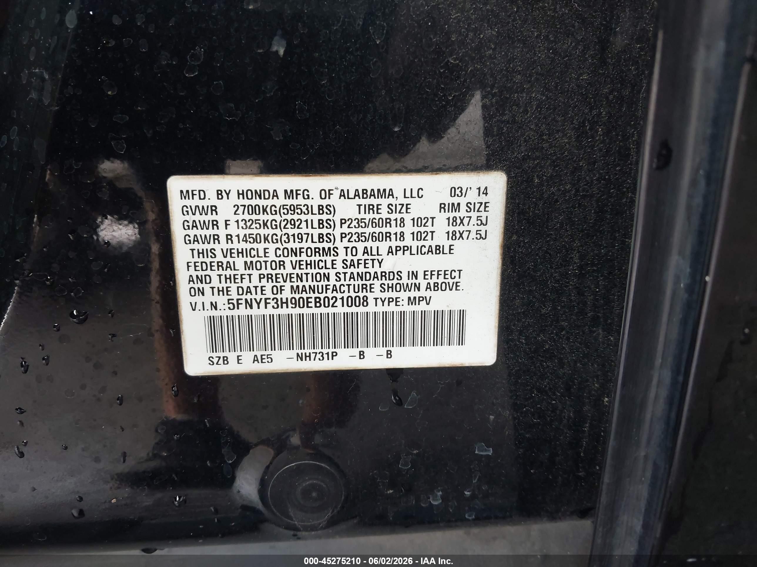 2014 Honda Pilot Touring Черный vin: 5FNYF3H90EB021008