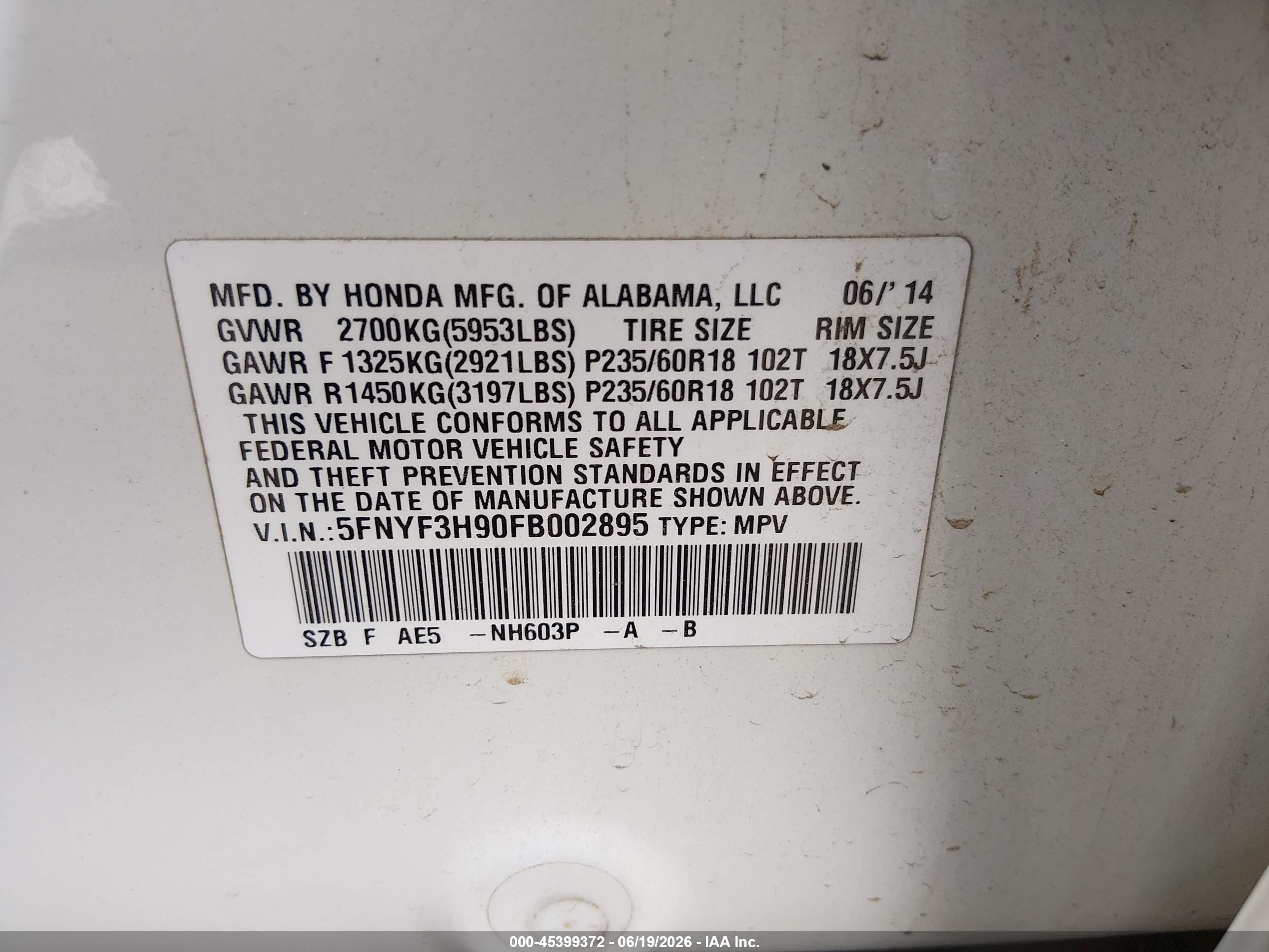 2015 Honda Pilot Touring White vin: 5FNYF3H90FB002895