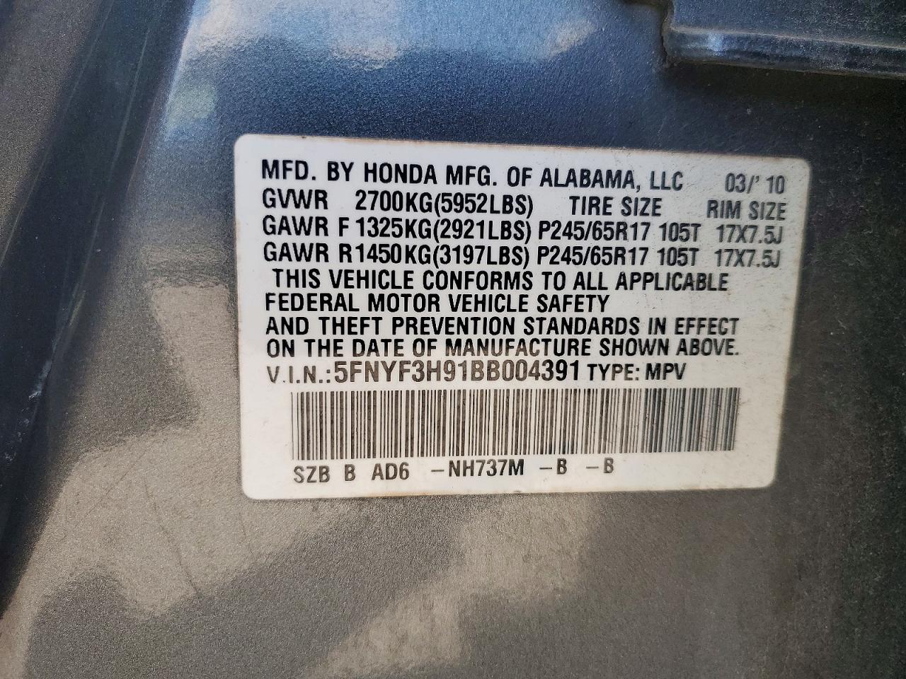 2011 Honda Pilot Touring Gray vin: 5FNYF3H91BB004391