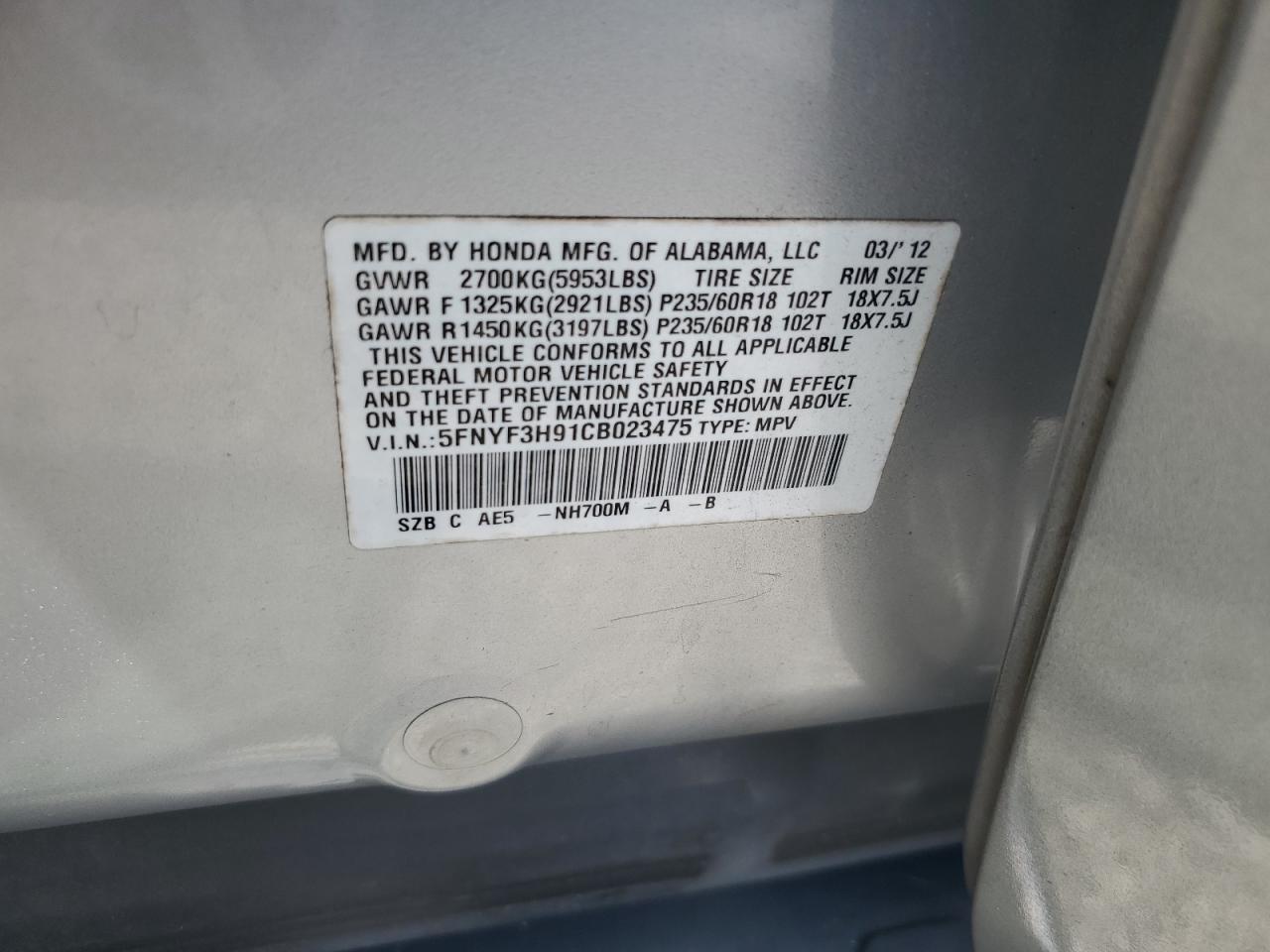 2012 Honda Pilot Touring Silver vin: 5FNYF3H91CB023475