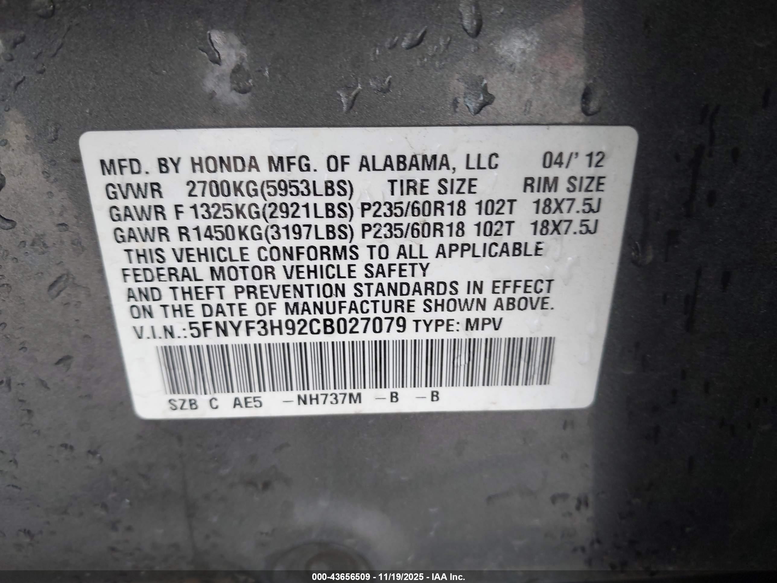 2012 Honda Pilot Touring Gray vin: 5FNYF3H92CB027079