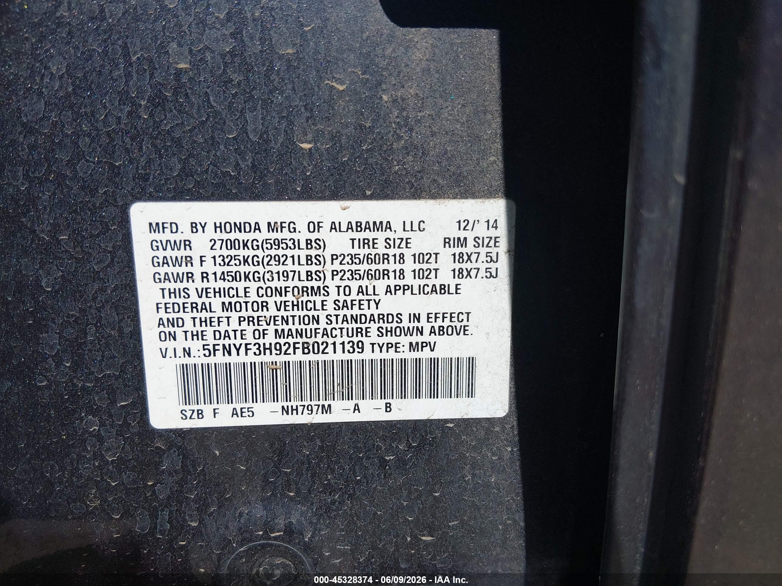 2015 Honda Pilot Touring Gray vin: 5FNYF3H92FB021139