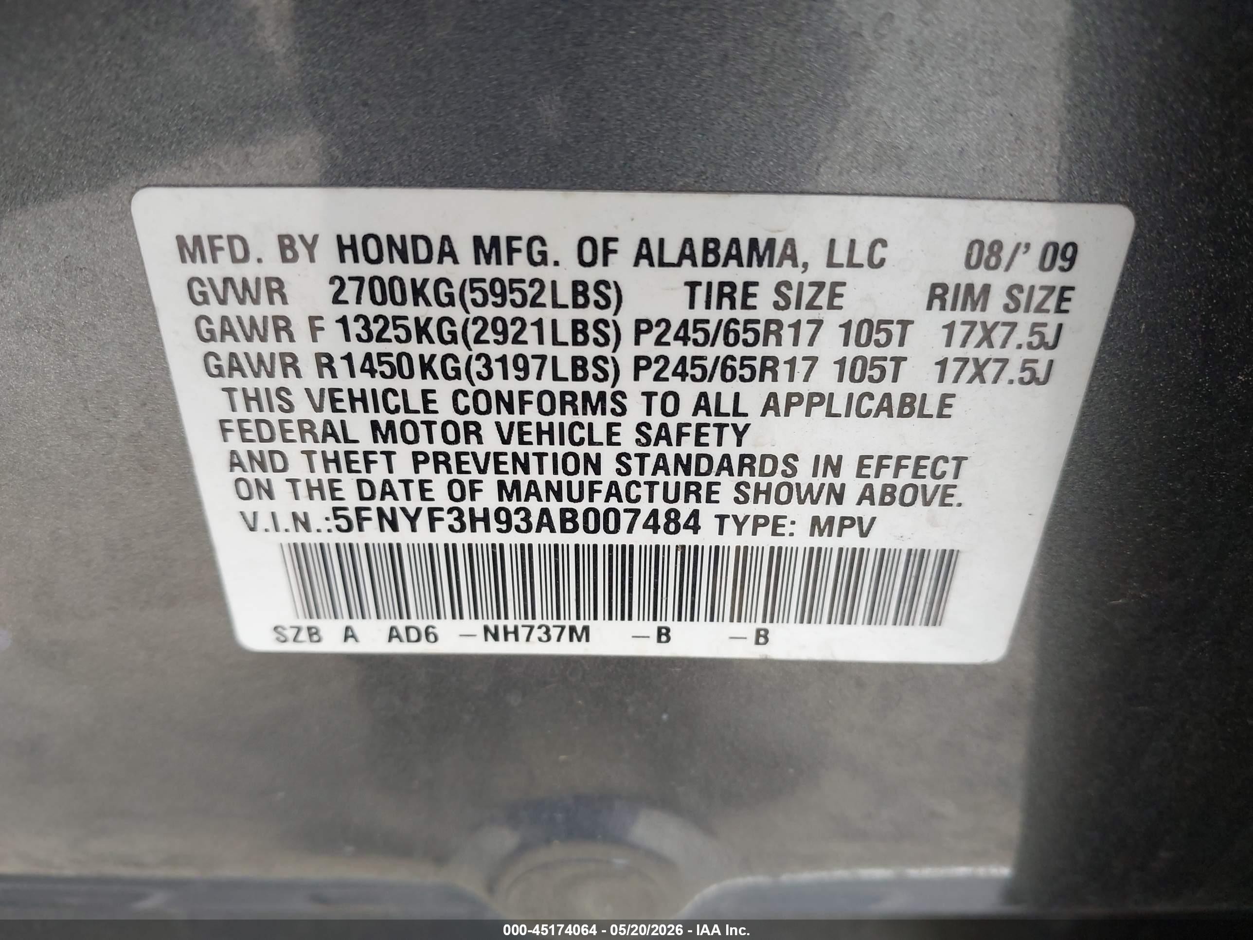 2010 Honda Pilot Touring Gray vin: 5FNYF3H93AB007484