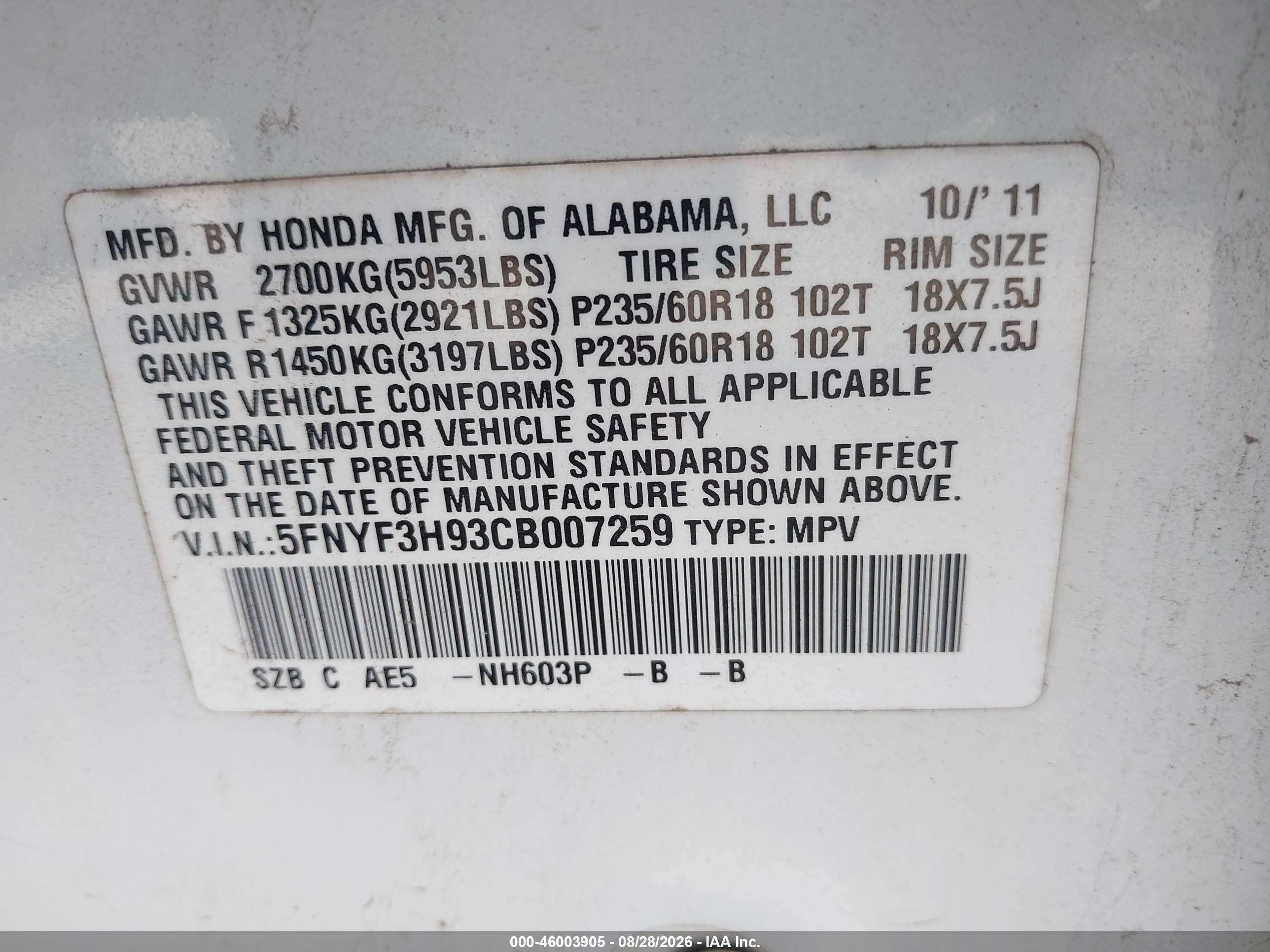 2012 Honda Pilot Touring White vin: 5FNYF3H93CB007259