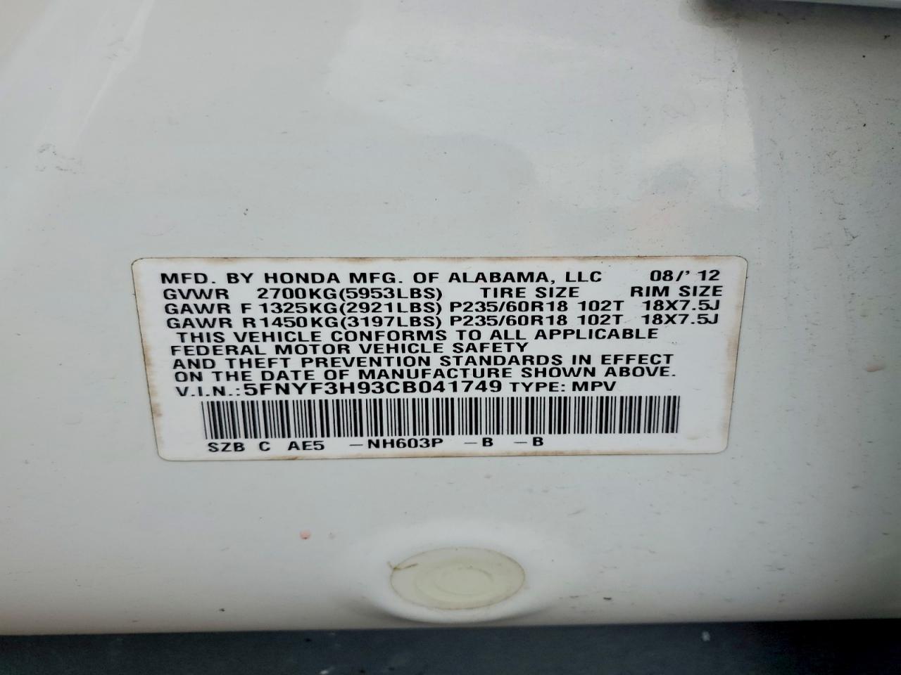 2012 Honda Pilot Touring White vin: 5FNYF3H93CB041749