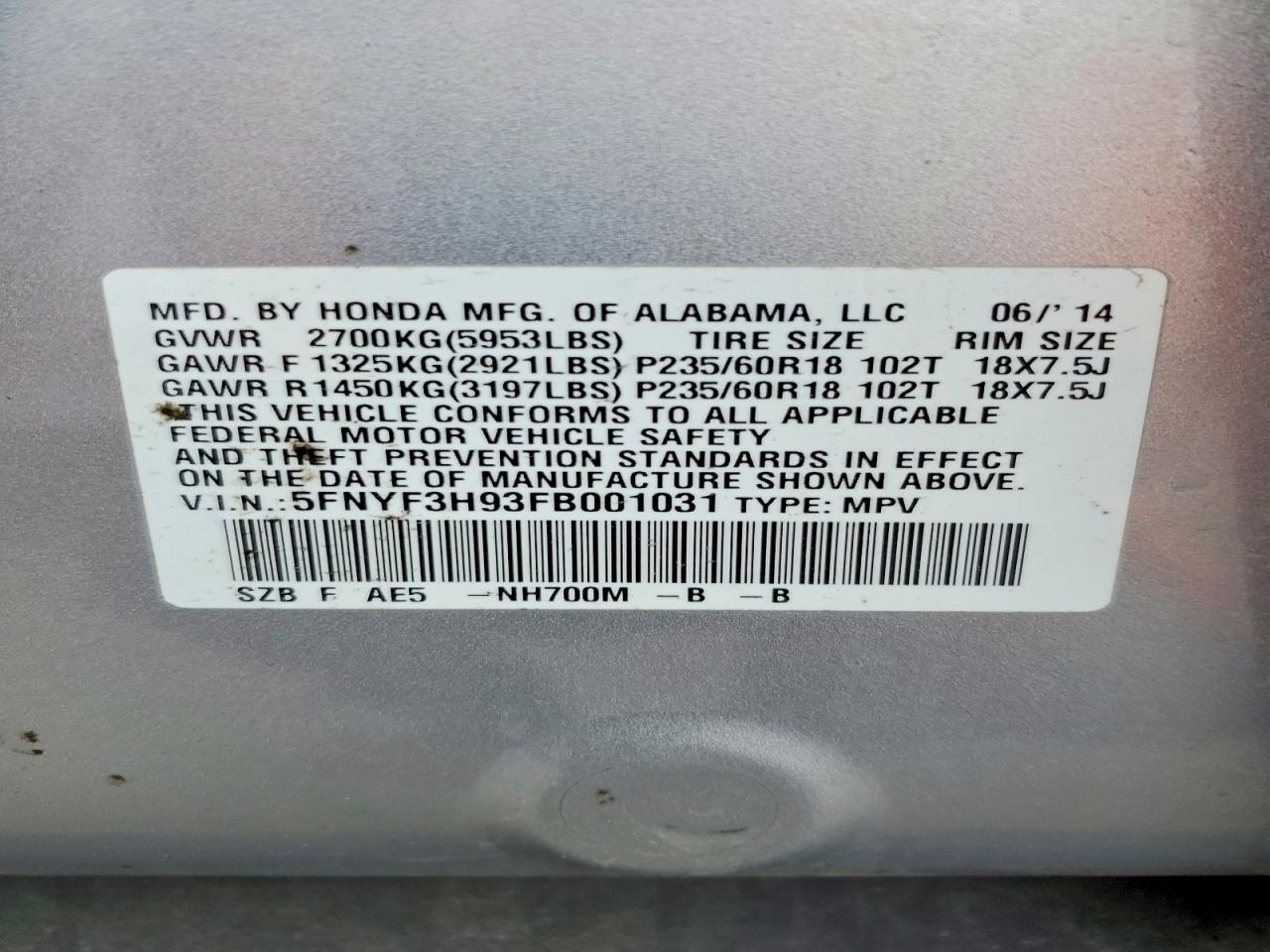 2015 Honda Pilot Touring Silver vin: 5FNYF3H93FB001031
