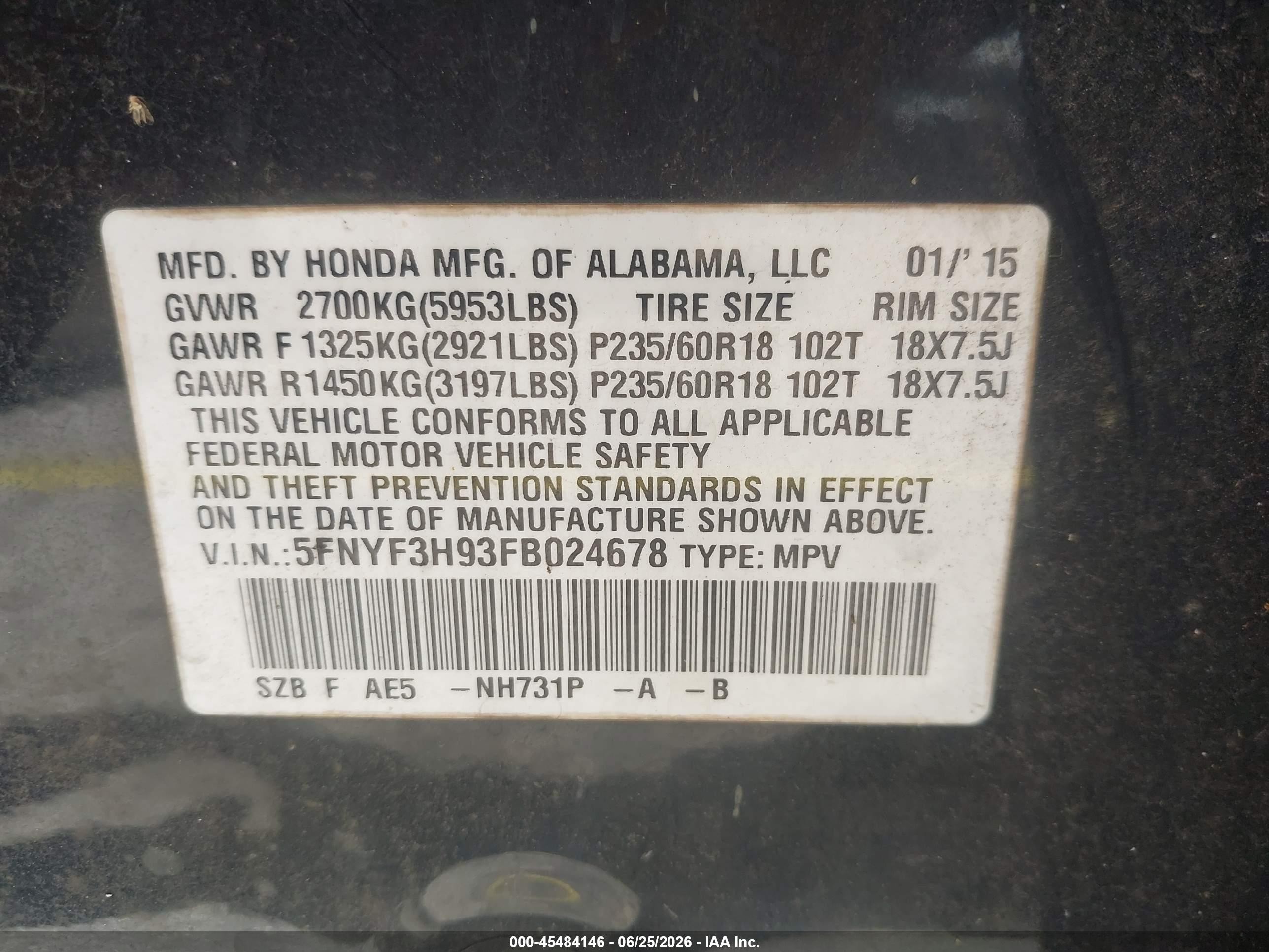 2015 Honda Pilot Touring Black vin: 5FNYF3H93FB024678