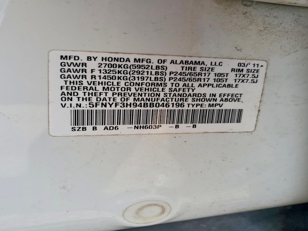 2011 Honda Pilot Touring White vin: 5FNYF3H94BB046196