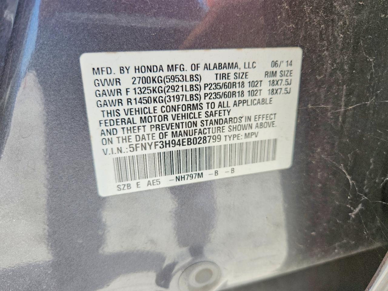 2014 Honda Pilot Touring Charcoal vin: 5FNYF3H94EB028799