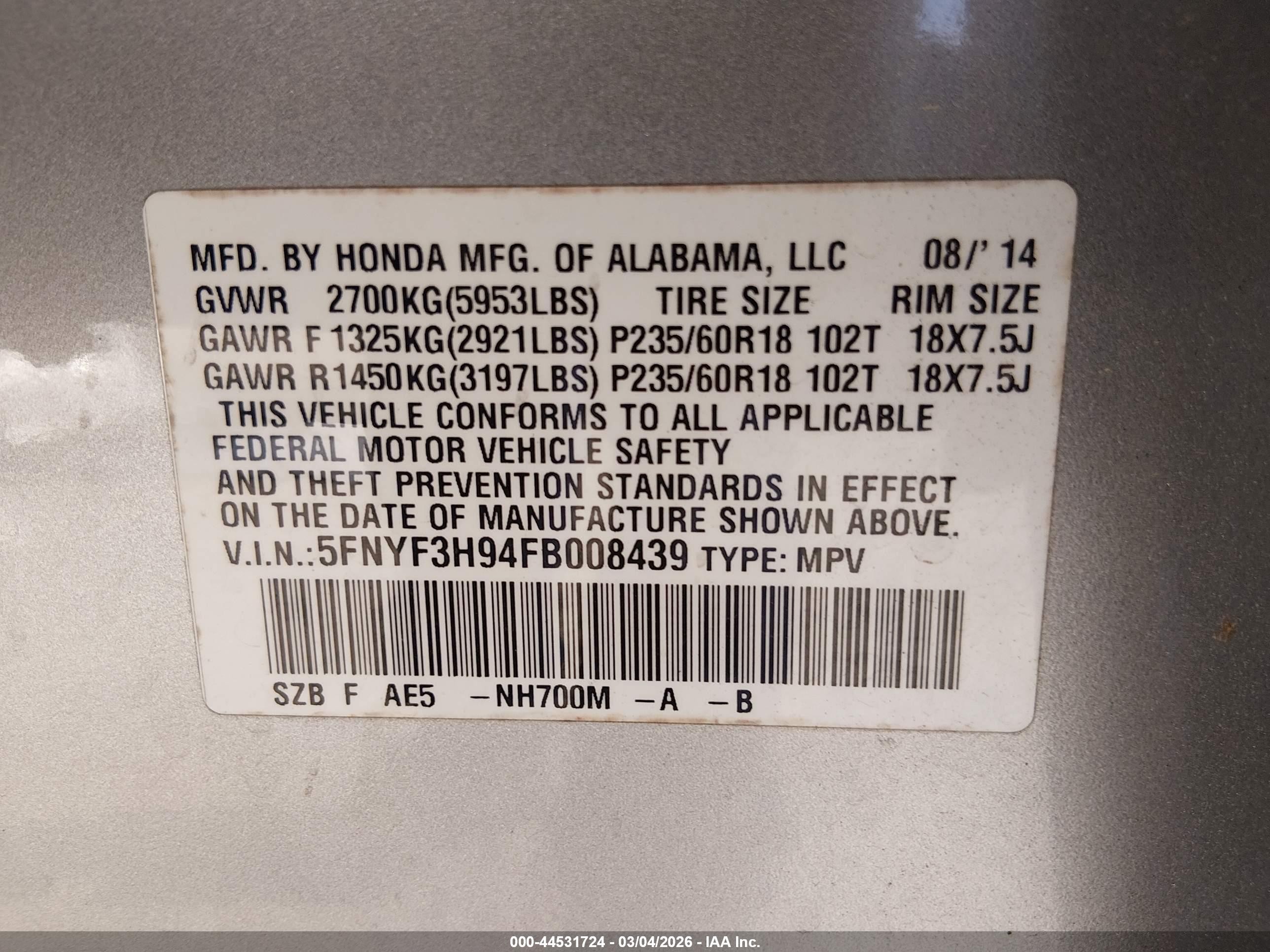 2015 Honda Pilot Touring Серебряный vin: 5FNYF3H94FB008439