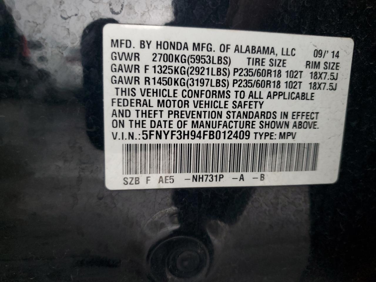 2015 Honda Pilot Touring Black vin: 5FNYF3H94FB012409