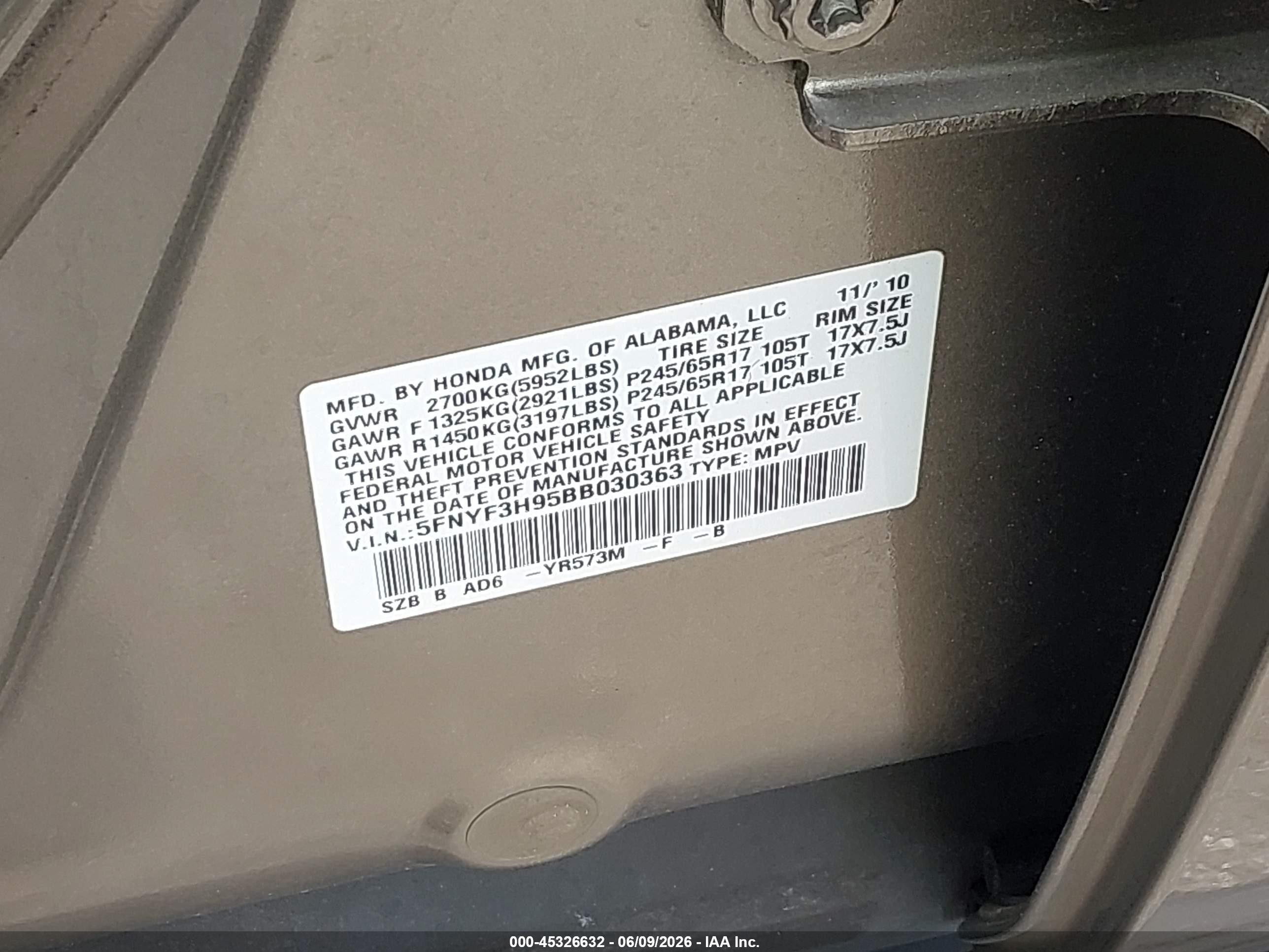 2011 Honda Pilot Touring Бежевый vin: 5FNYF3H95BB030363