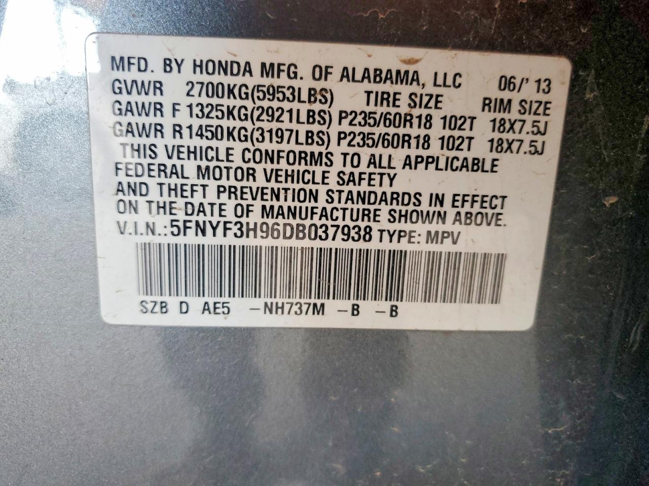 2013 Honda Pilot Touring Gray vin: 5FNYF3H96DB037938