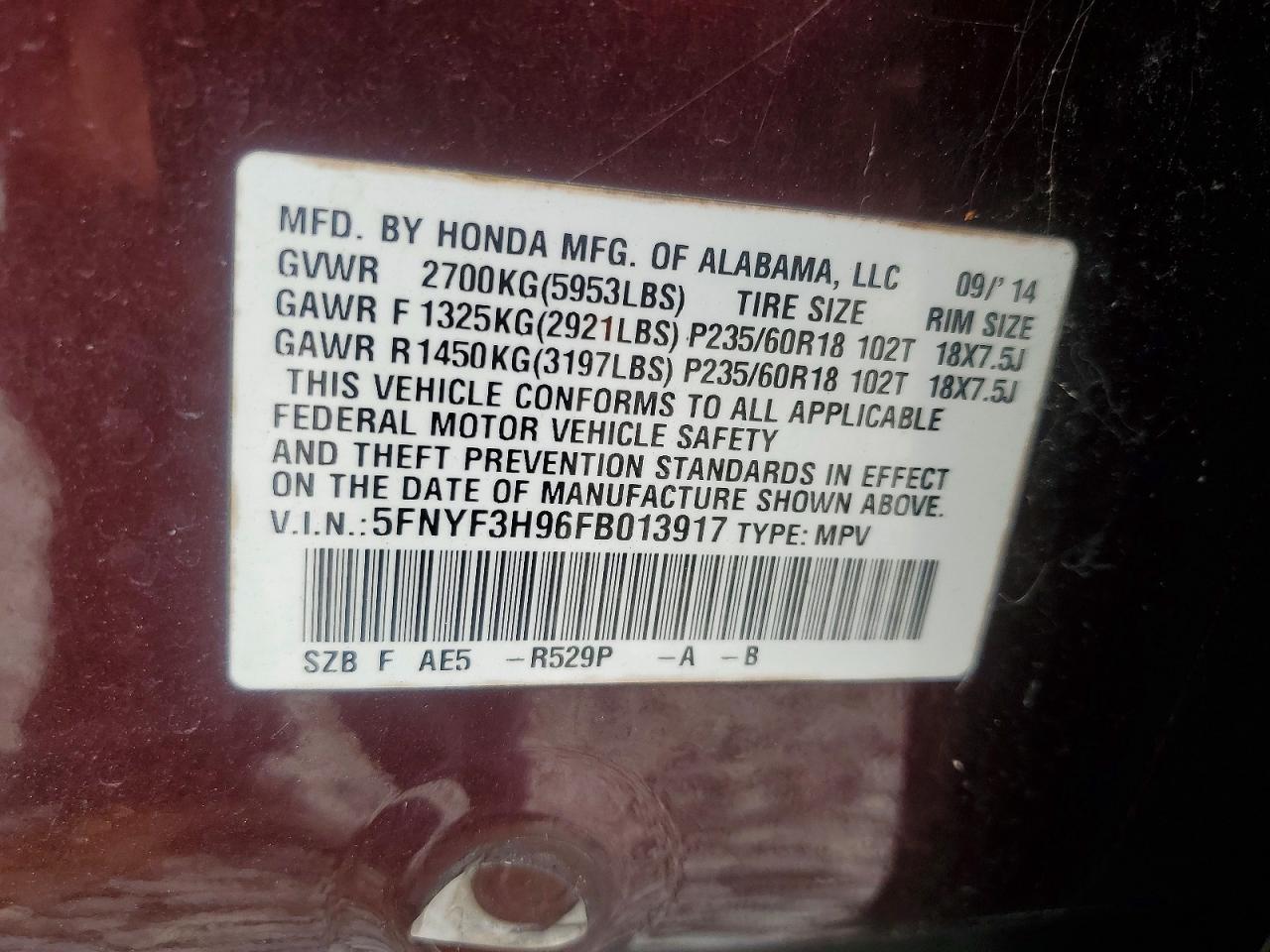 2015 Honda Pilot Touring Burgundy vin: 5FNYF3H96FB013917