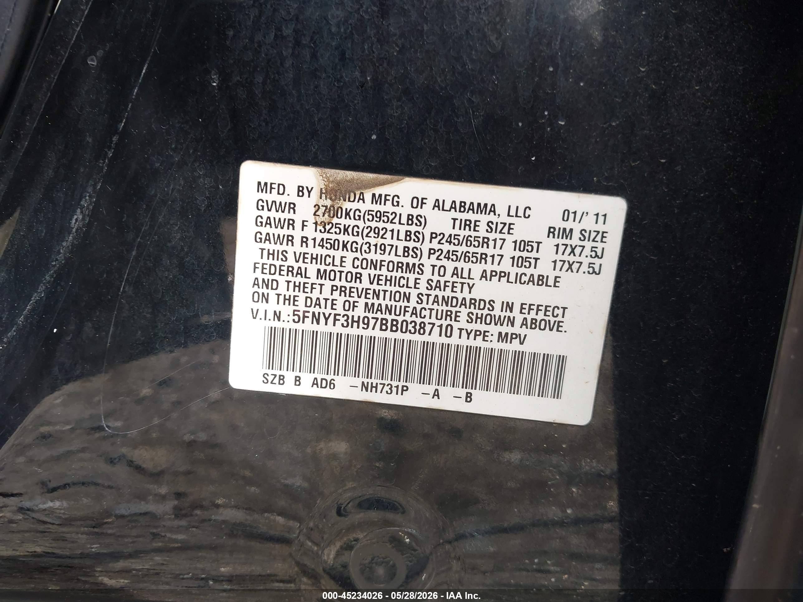 2011 Honda Pilot Touring Black vin: 5FNYF3H97BB038710