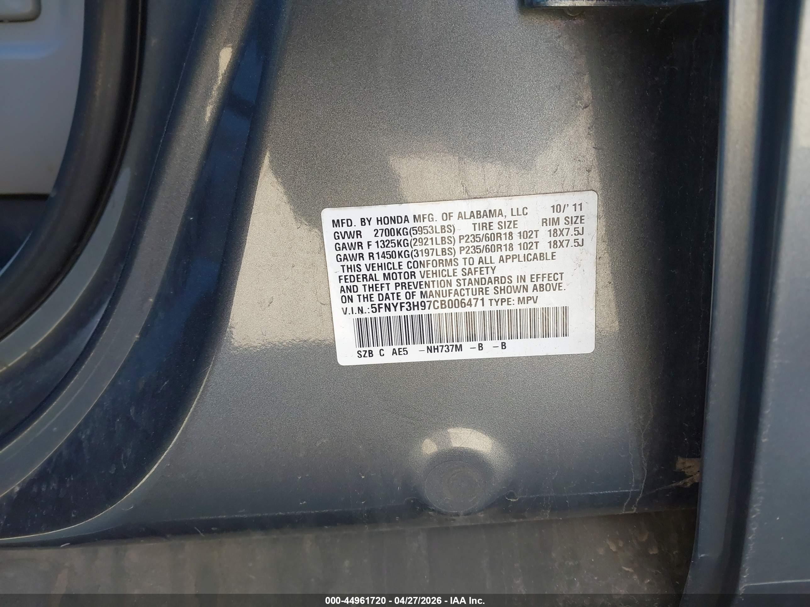 2012 Honda Pilot Touring Gray vin: 5FNYF3H97CB006471