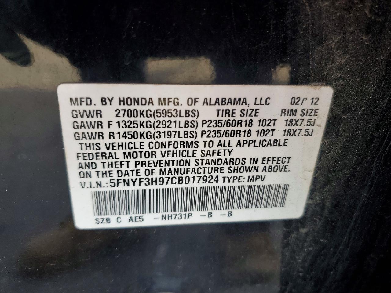 2012 Honda Pilot Touring Black vin: 5FNYF3H97CB017924