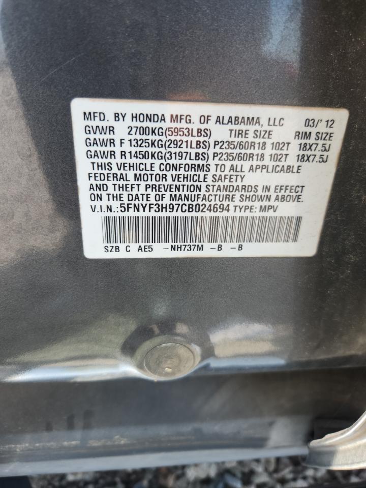 2012 Honda Pilot Touring Gray vin: 5FNYF3H97CB024694