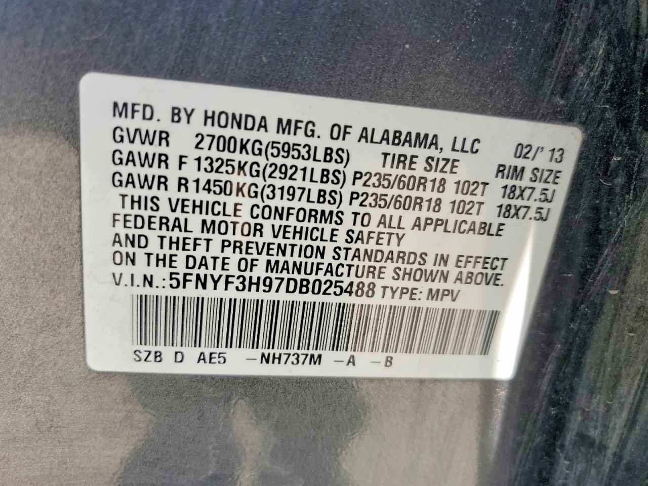 2013 Honda Pilot Touring Gray vin: 5FNYF3H97DB025488