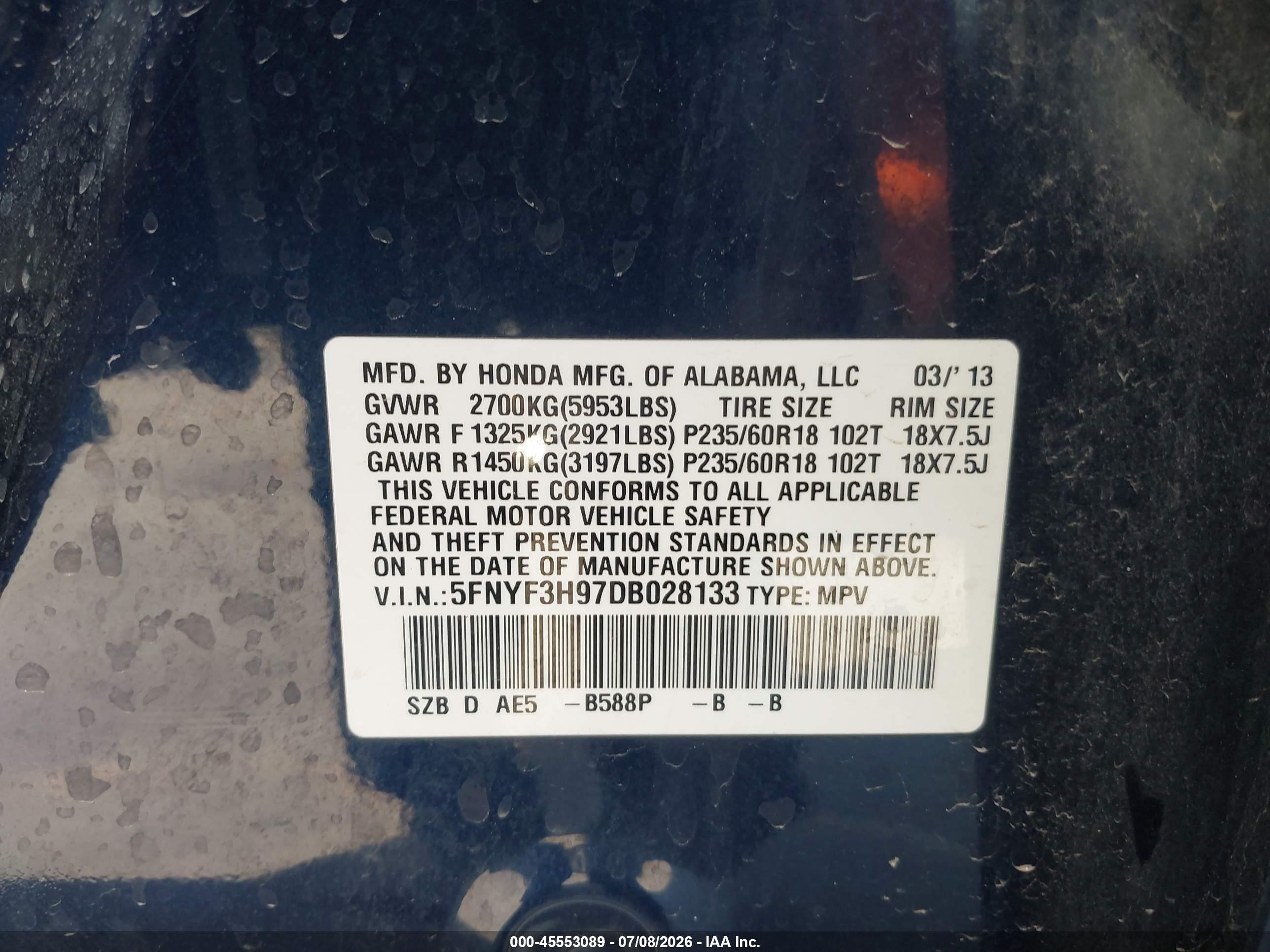 2013 Honda Pilot Touring Dark Blue vin: 5FNYF3H97DB028133