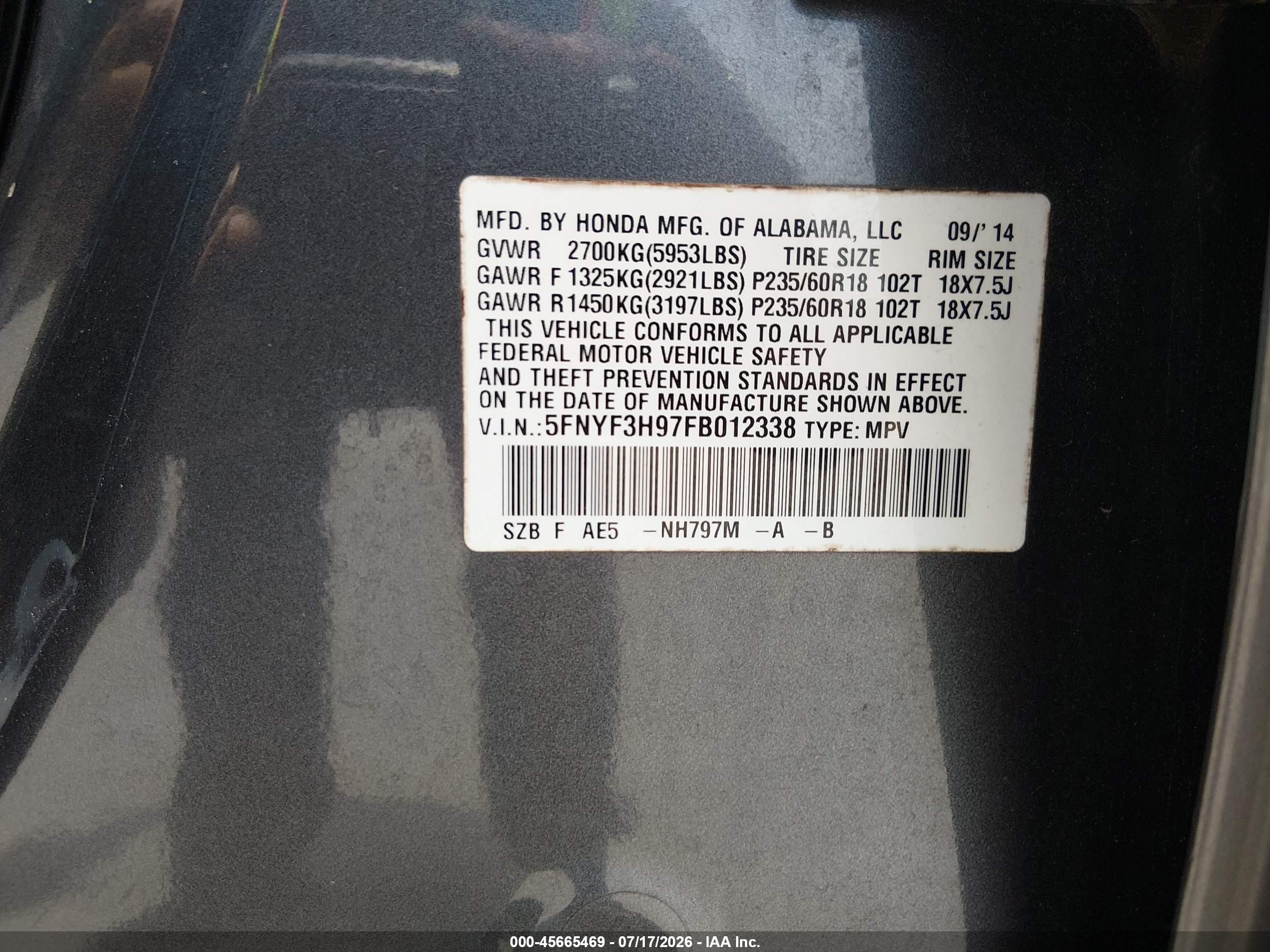 2015 Honda Pilot Touring Gray vin: 5FNYF3H97FB012338