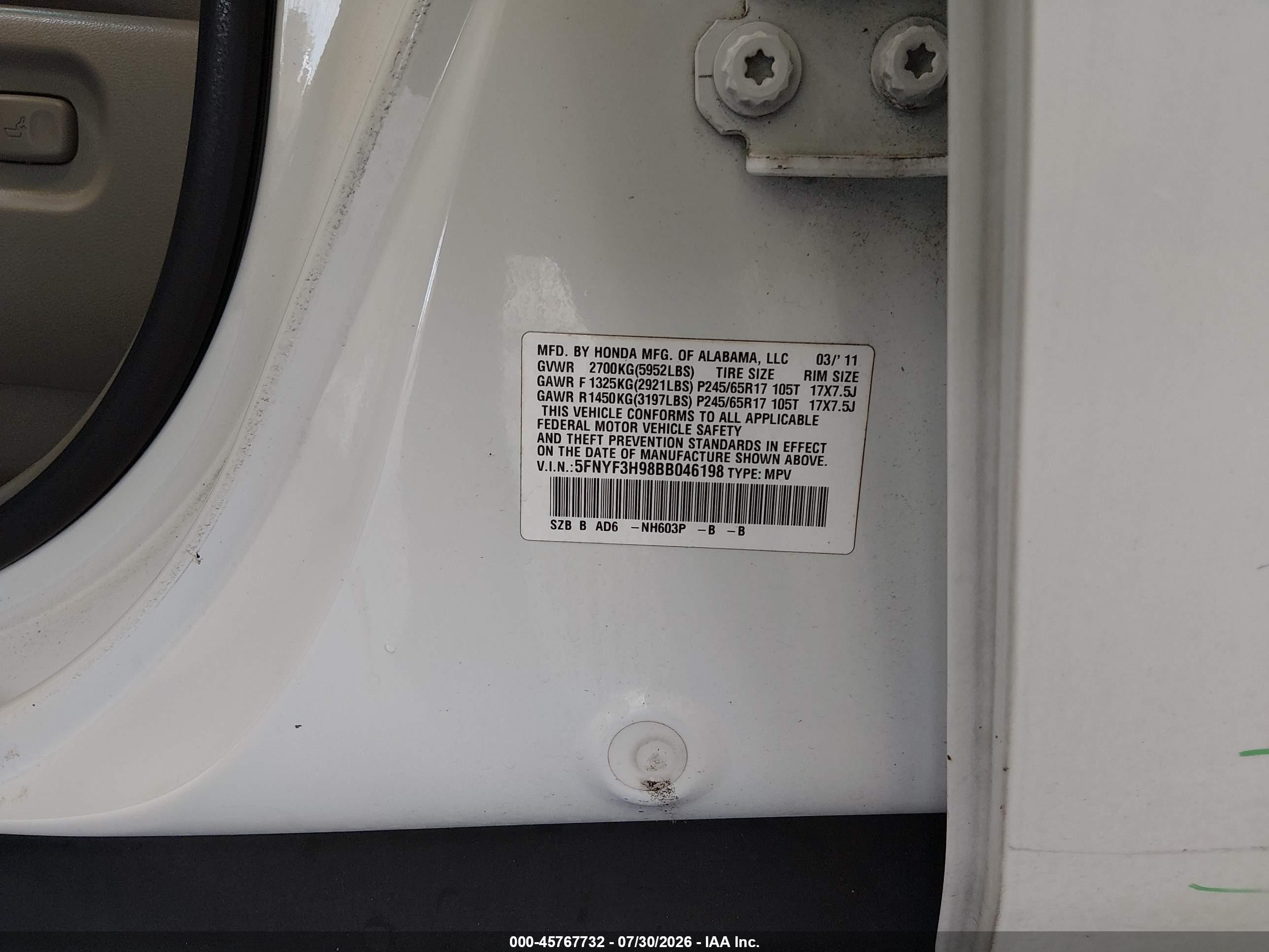 2011 Honda Pilot Touring White vin: 5FNYF3H98BB046198