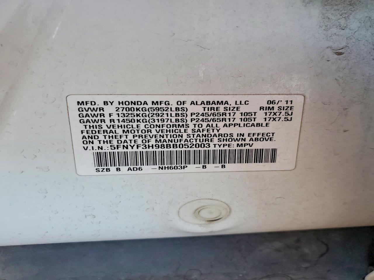 2011 Honda Pilot Touring White vin: 5FNYF3H98BB052003