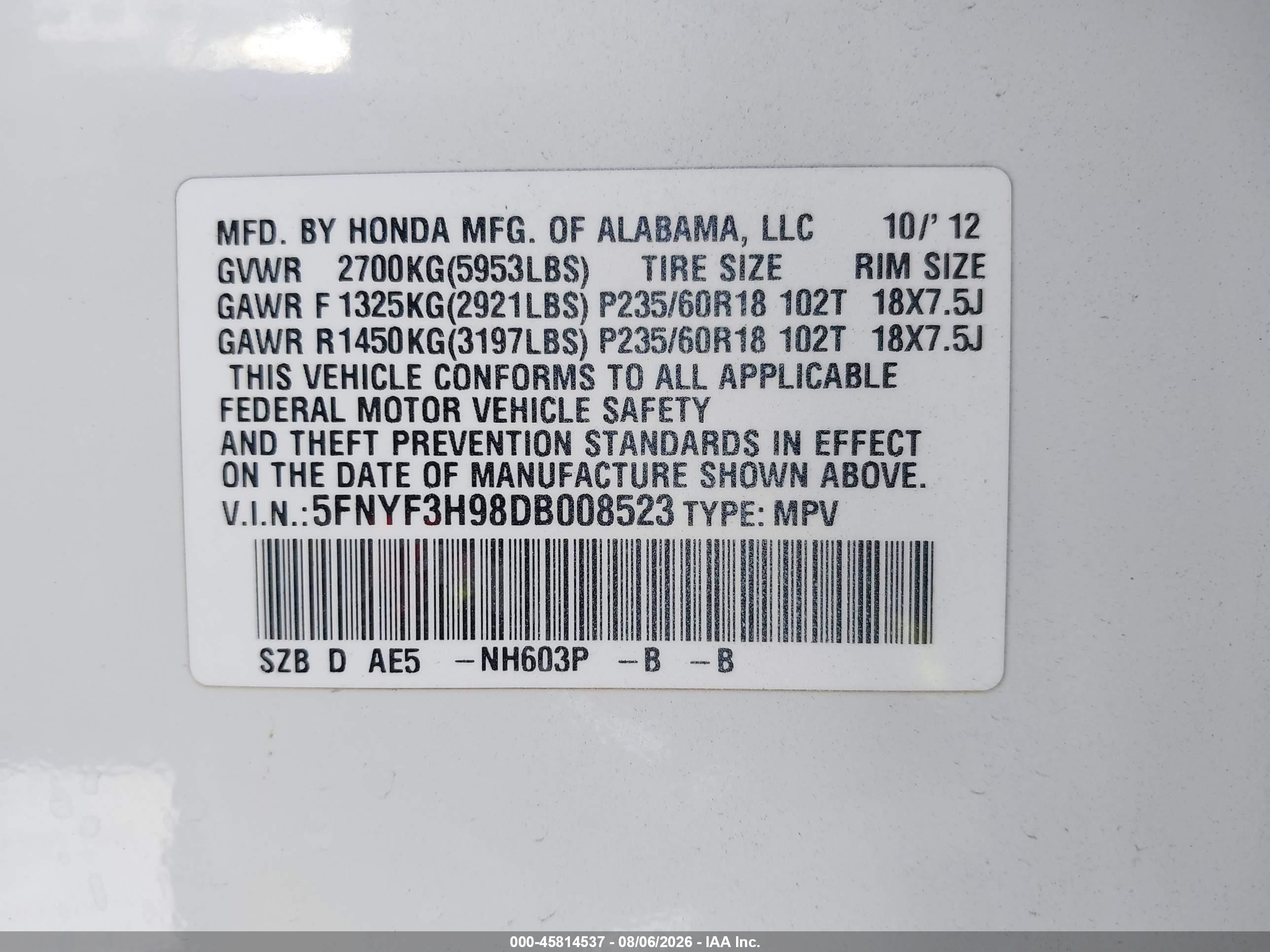 2013 Honda Pilot Touring Белый vin: 5FNYF3H98DB008523