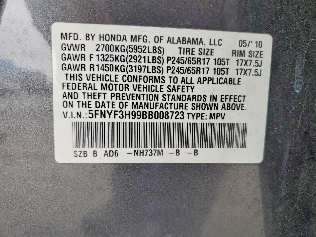 2011 Honda Pilot Touring Gray vin: 5FNYF3H99BB008723
