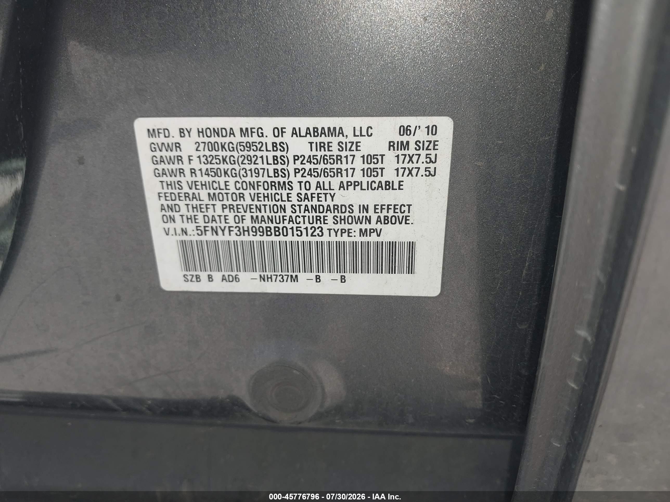 2011 Honda Pilot Touring Gray vin: 5FNYF3H99BB015123