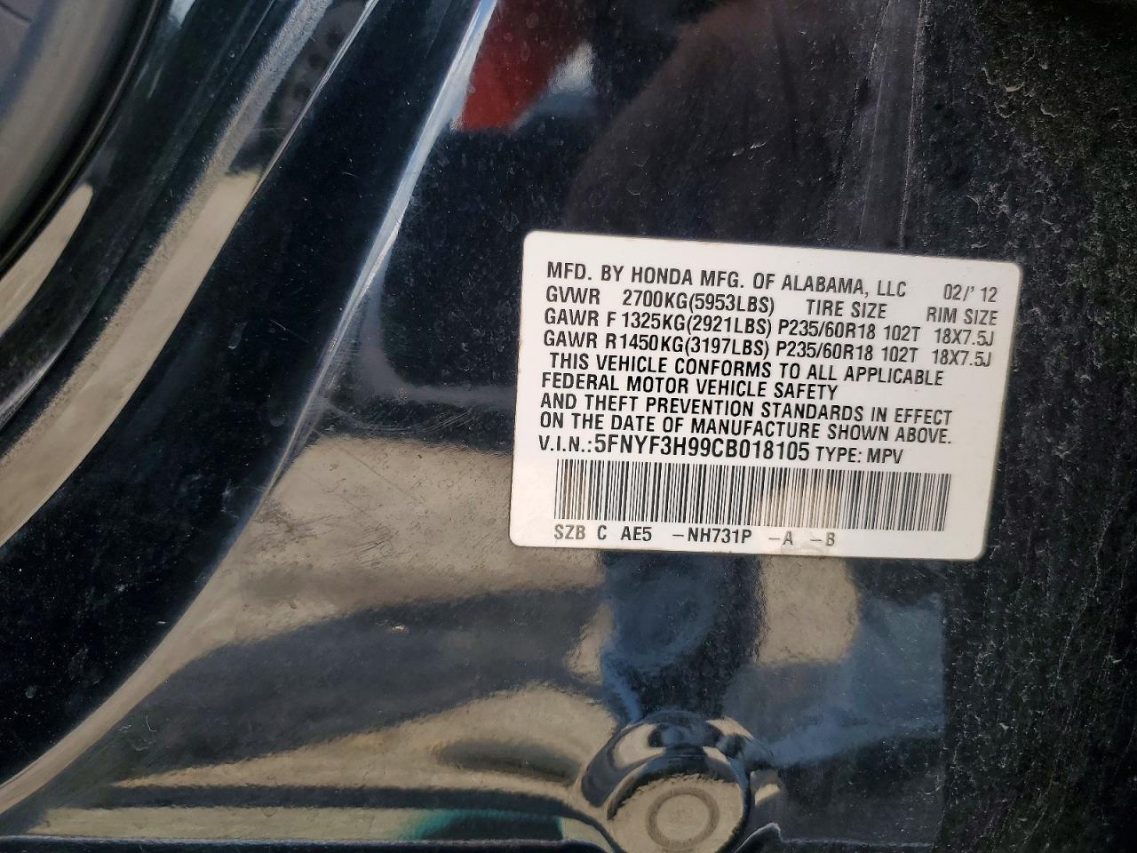 2012 Honda Pilot Touring Black vin: 5FNYF3H99CB018105