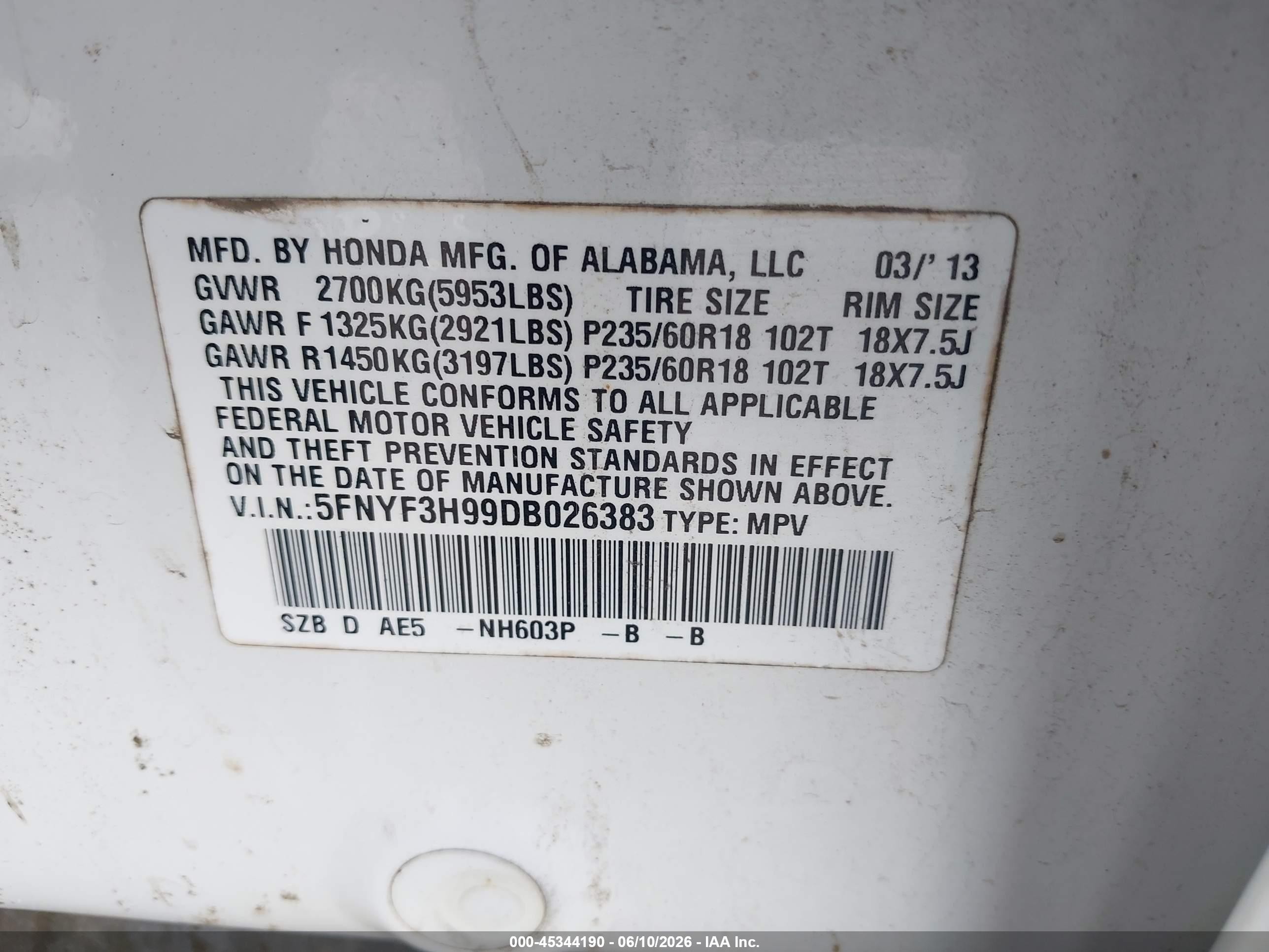 2013 Honda Pilot Touring White vin: 5FNYF3H99DB026383