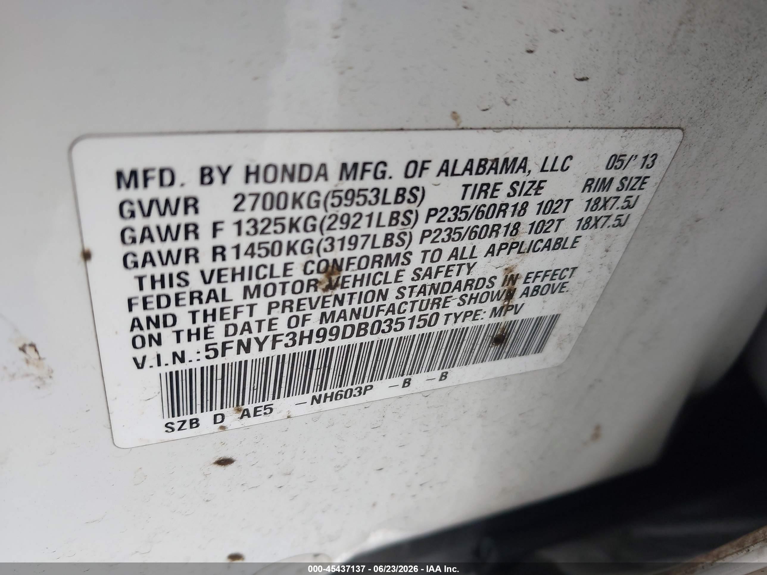 2013 Honda Pilot Touring White vin: 5FNYF3H99DB035150