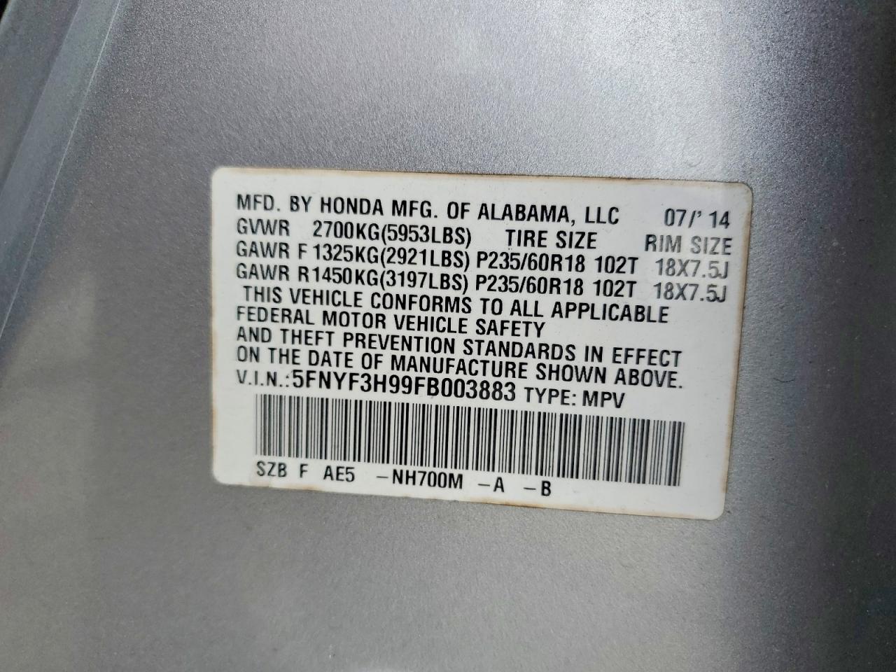 2015 Honda Pilot Touring Gray vin: 5FNYF3H99FB003883