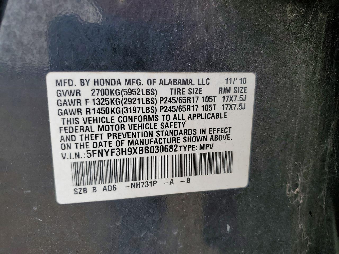 2011 Honda Pilot Touring Black vin: 5FNYF3H9XBB030682