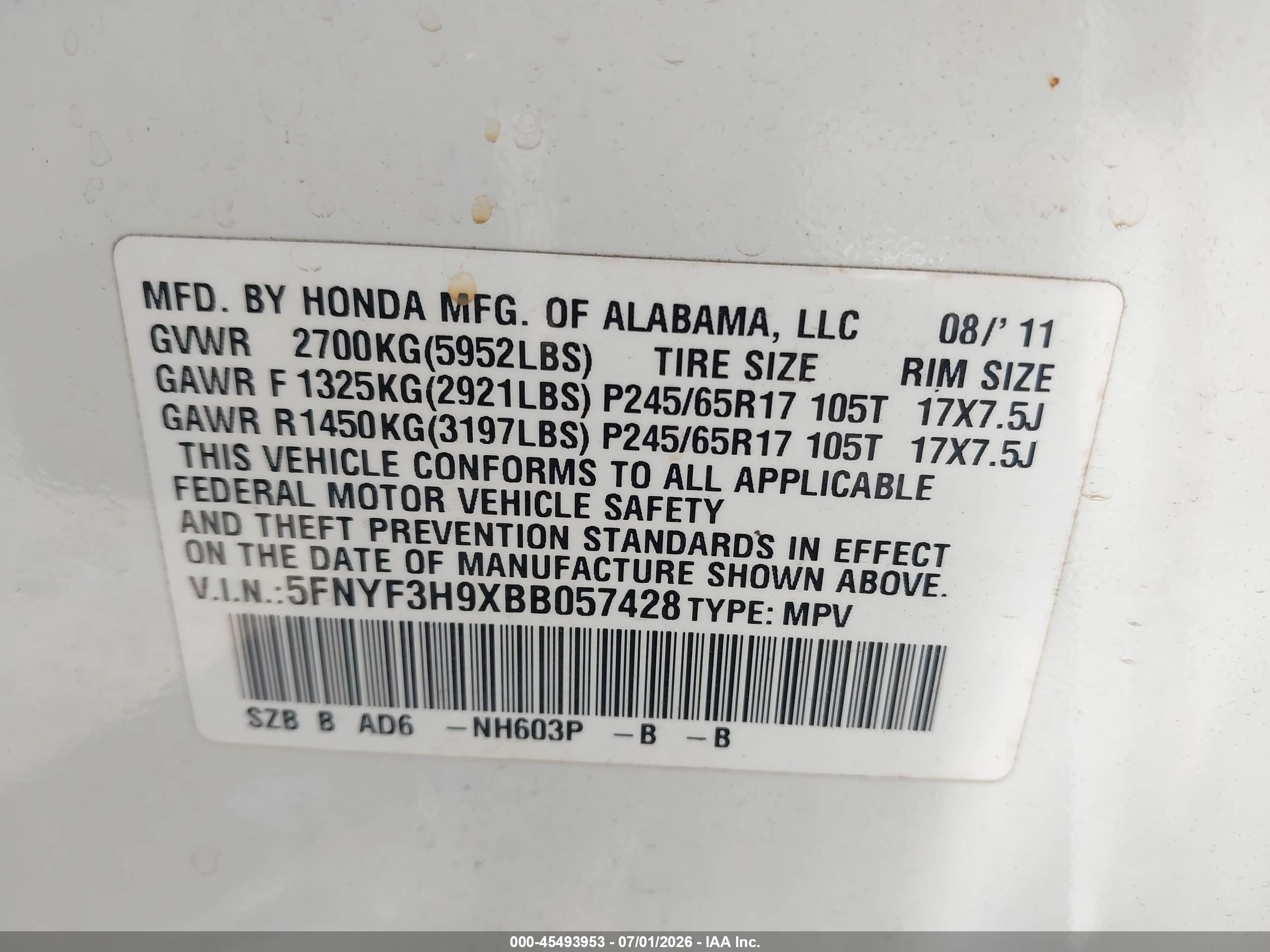 2011 Honda Pilot Touring White vin: 5FNYF3H9XBB057428