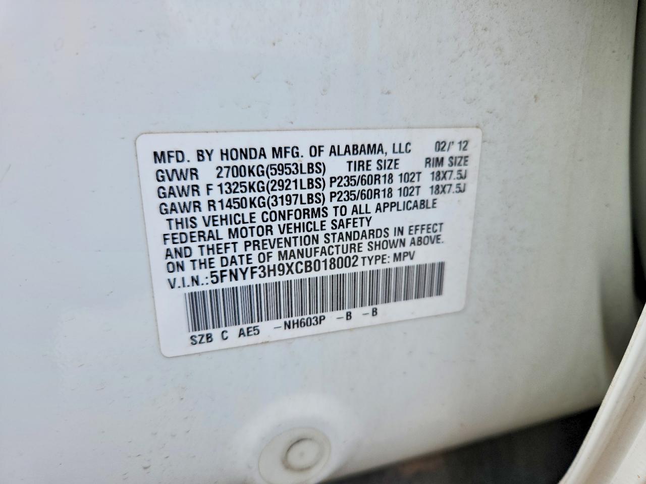 2012 Honda Pilot Touring White vin: 5FNYF3H9XCB018002