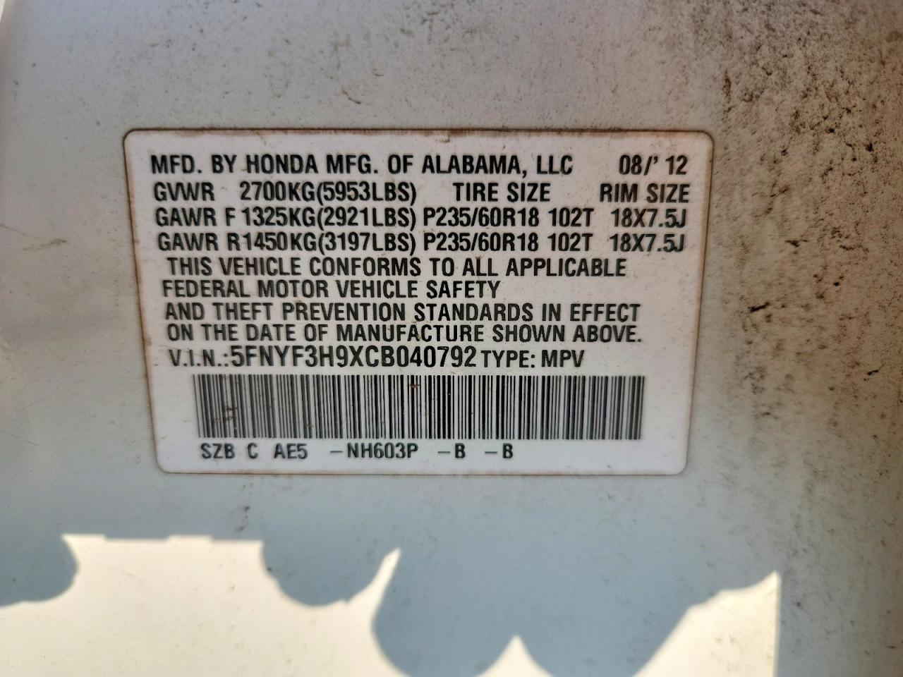 2012 Honda Pilot Touring White vin: 5FNYF3H9XCB040792