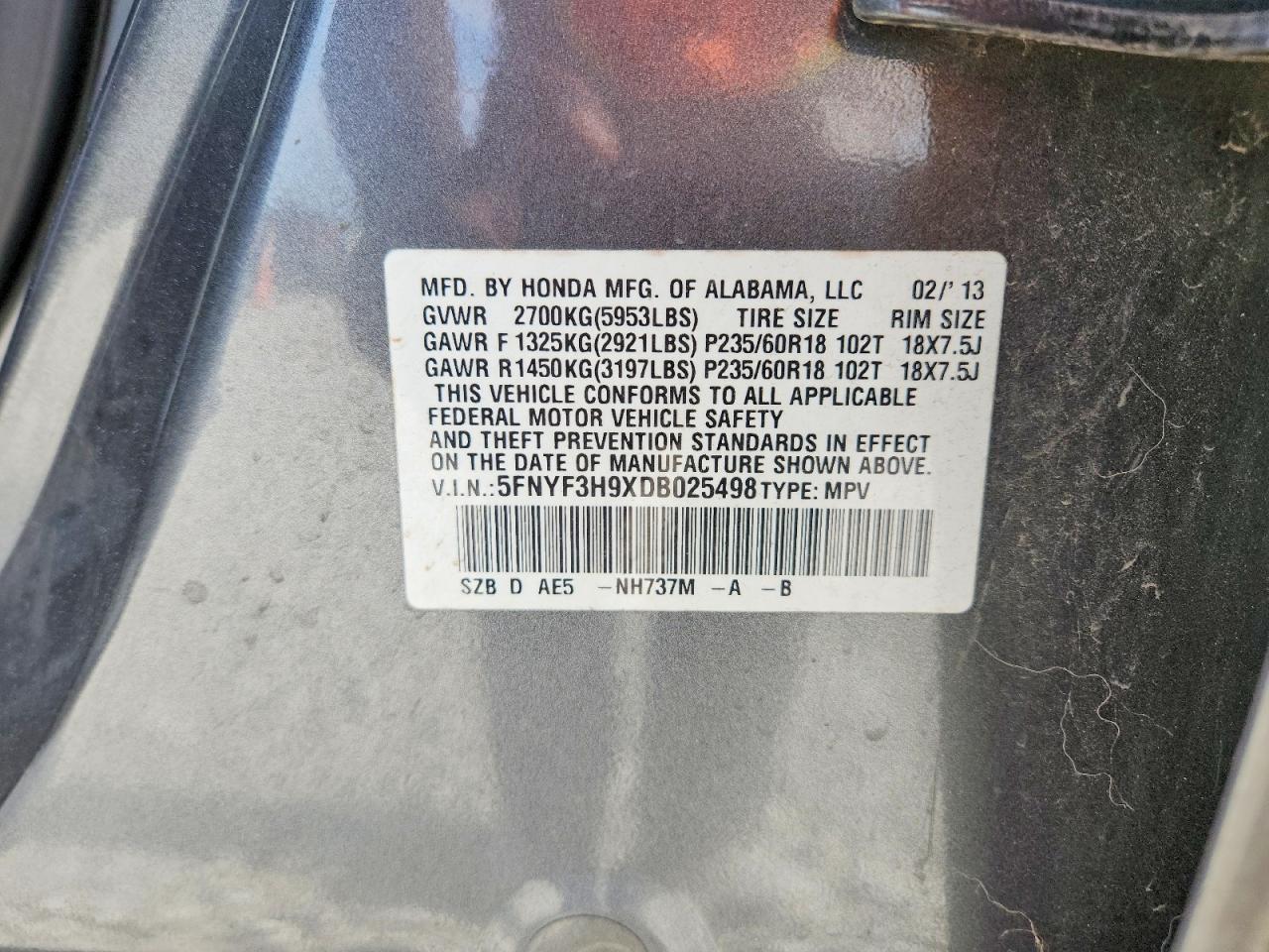 2013 Honda Pilot Touring Gray vin: 5FNYF3H9XDB025498