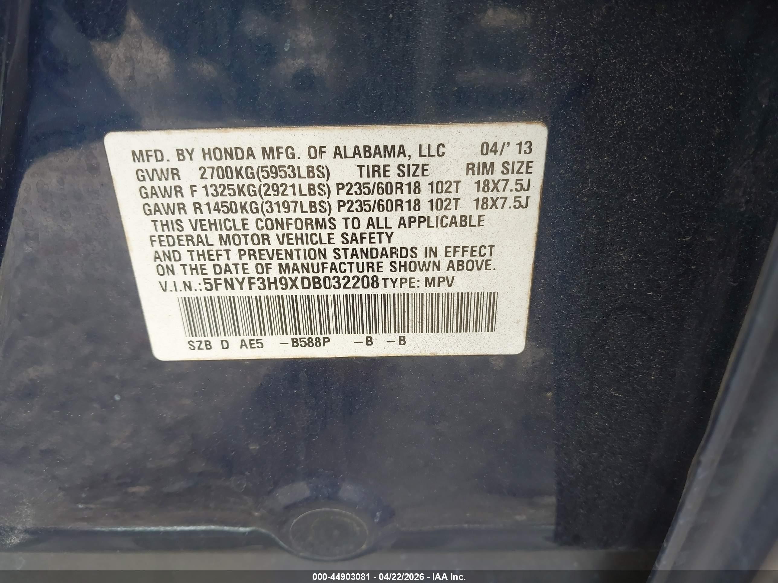 2013 Honda Pilot Touring Blue vin: 5FNYF3H9XDB032208