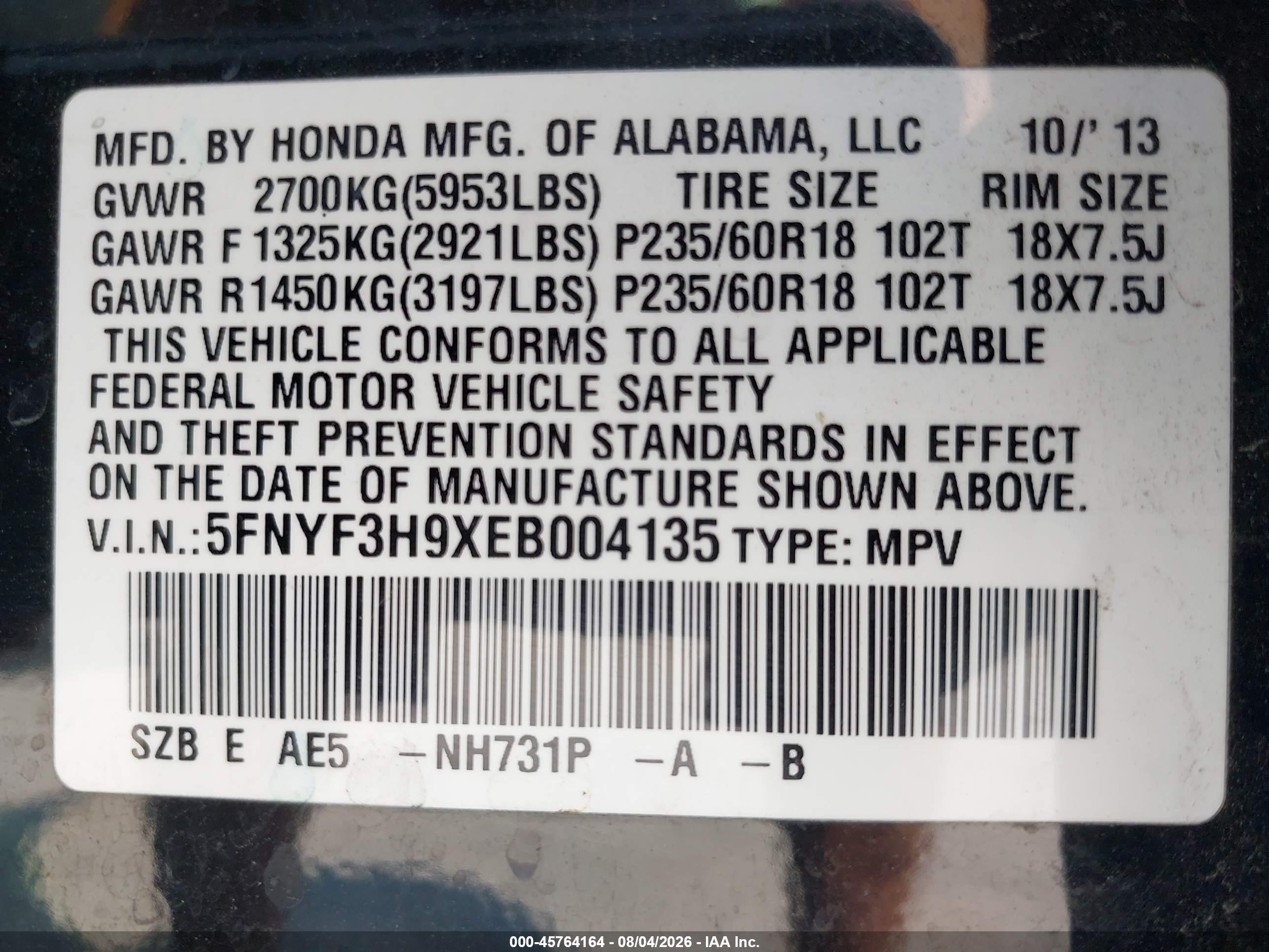 2014 Honda Pilot Touring Black vin: 5FNYF3H9XEB004135