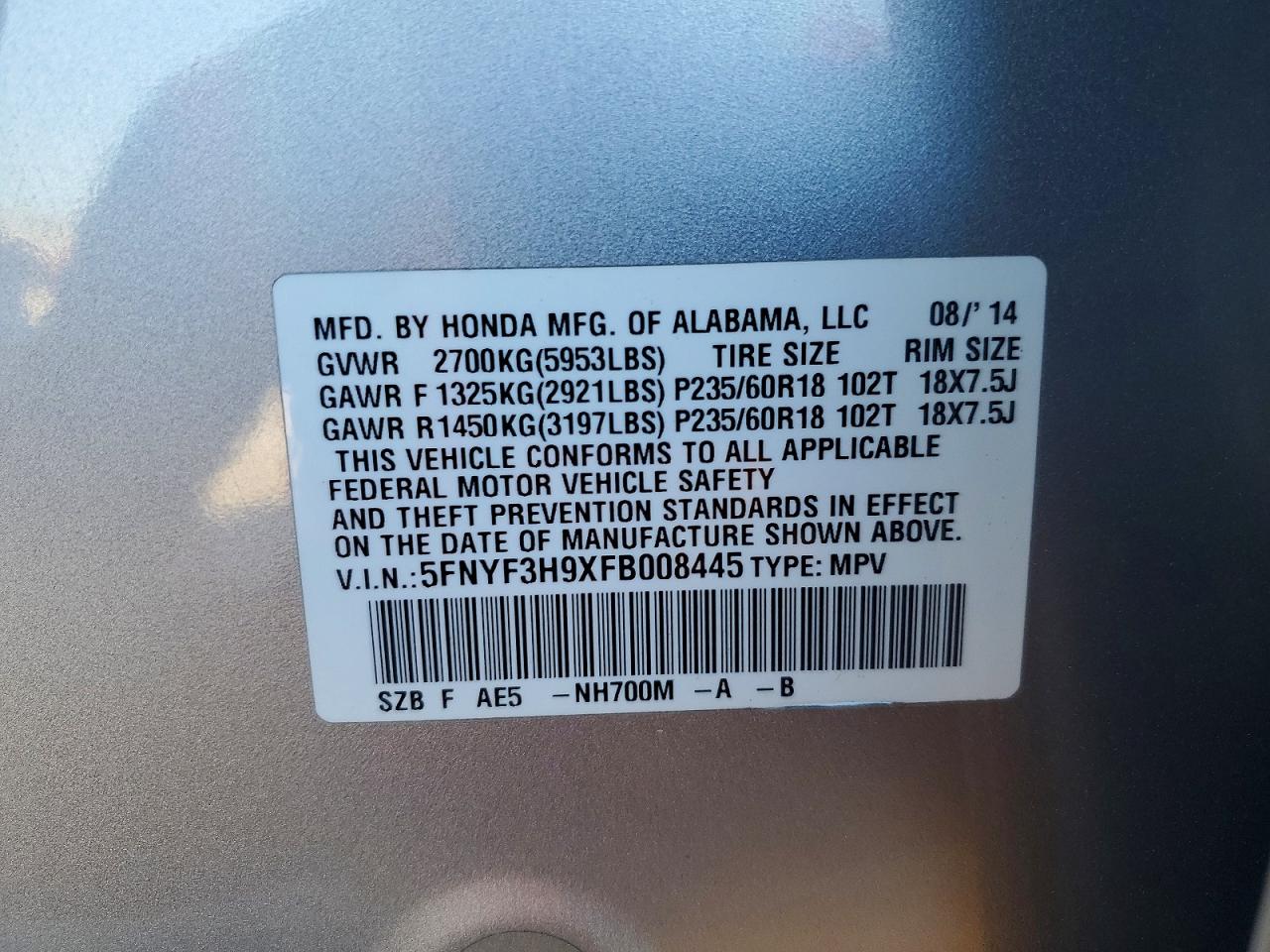 2015 Honda Pilot Touring Silver vin: 5FNYF3H9XFB008445