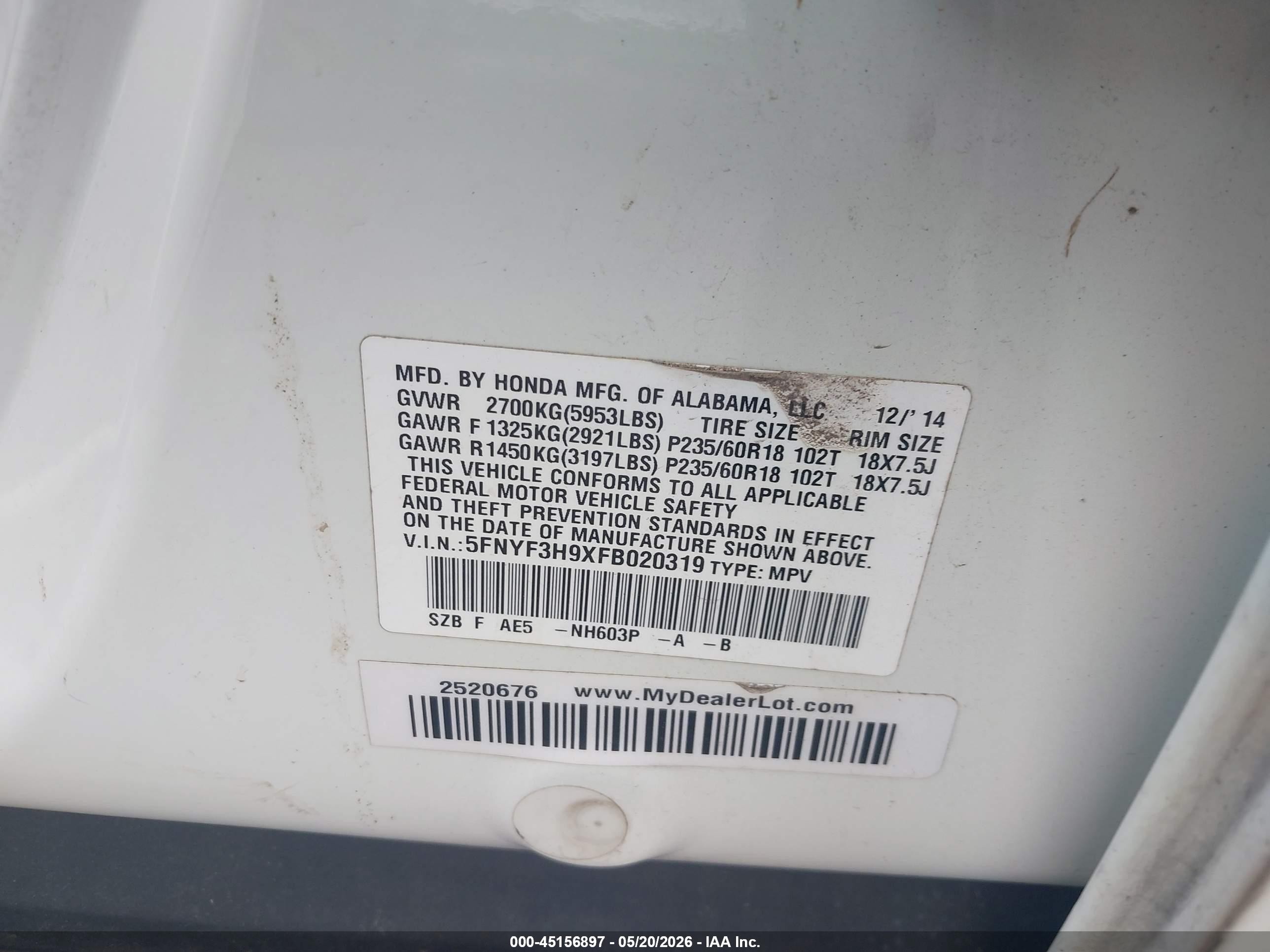 2015 Honda Pilot Touring Белый vin: 5FNYF3H9XFB020319