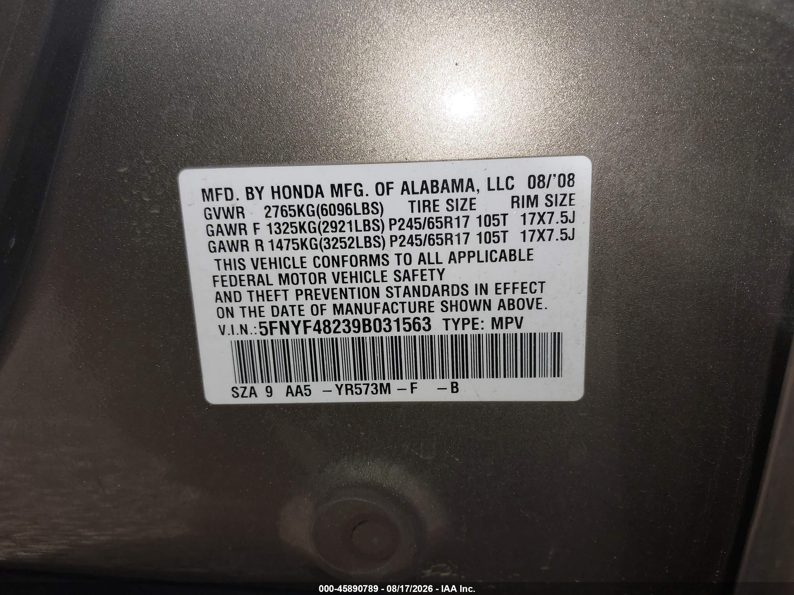 2009 Honda Pilot Lx Коричневый vin: 5FNYF48239B031563