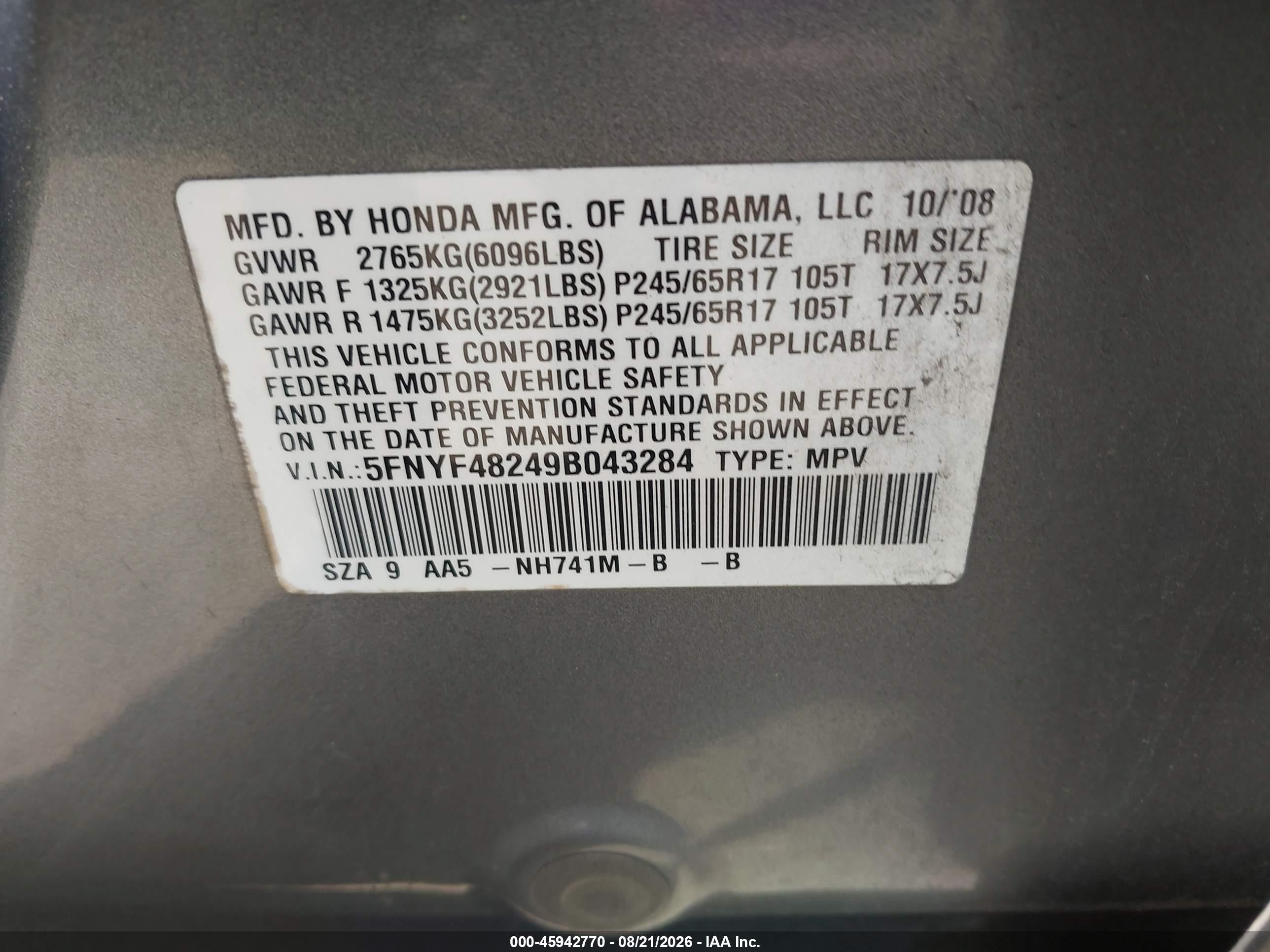 2009 Honda Pilot Lx Gray vin: 5FNYF48249B043284