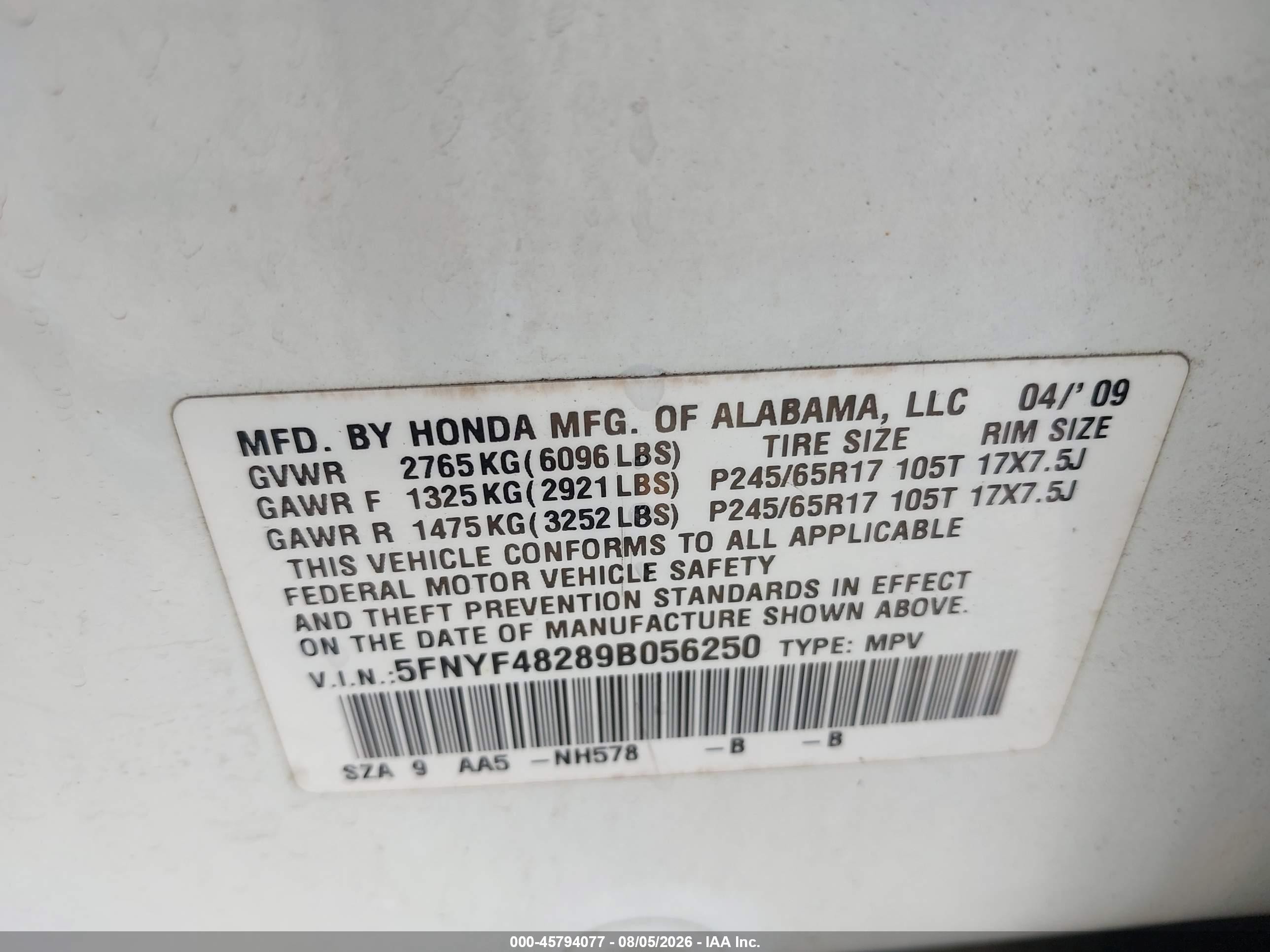 2009 Honda Pilot Lx White vin: 5FNYF48289B056250