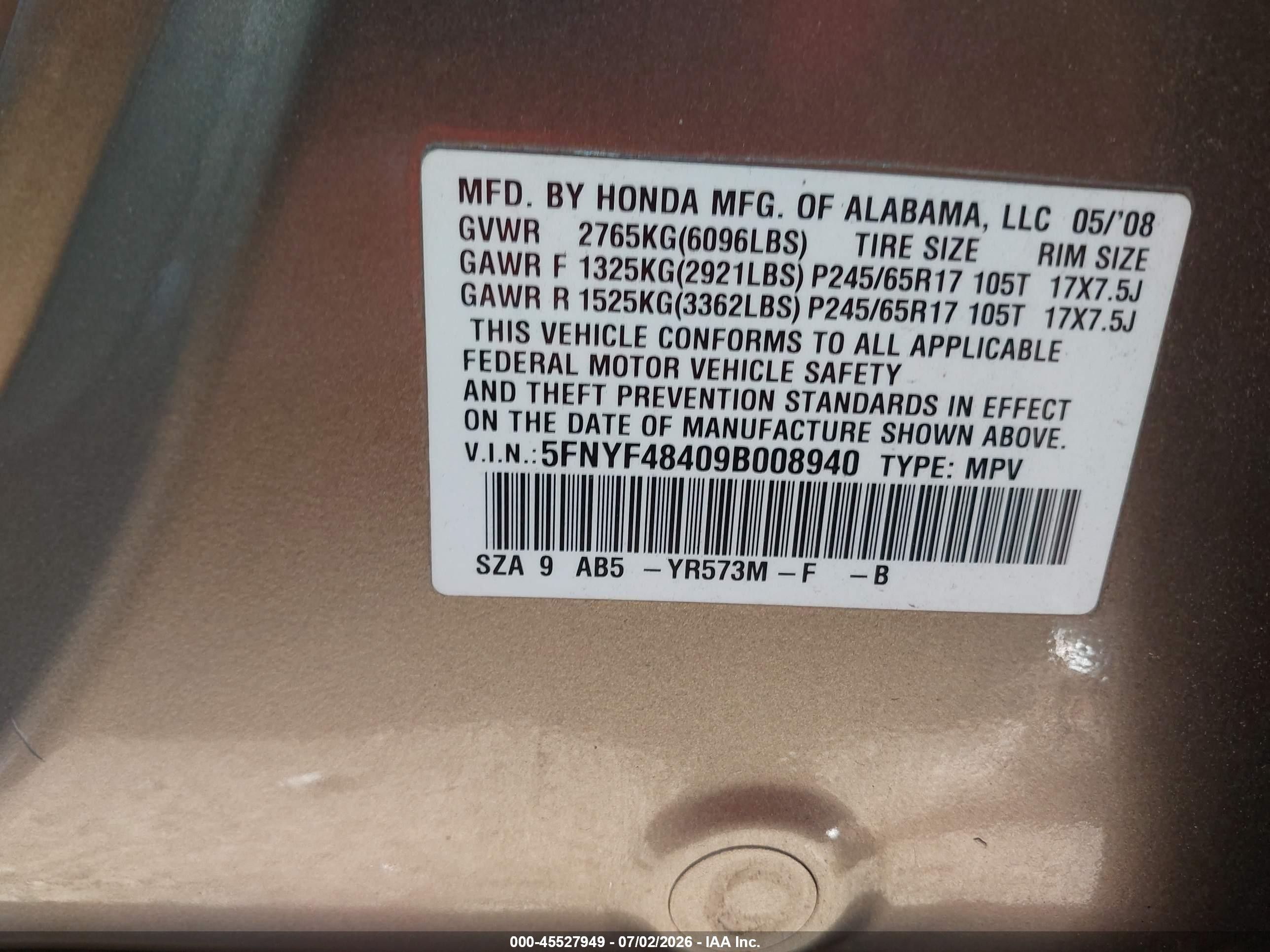 2009 Honda Pilot Ex Brown vin: 5FNYF48409B008940